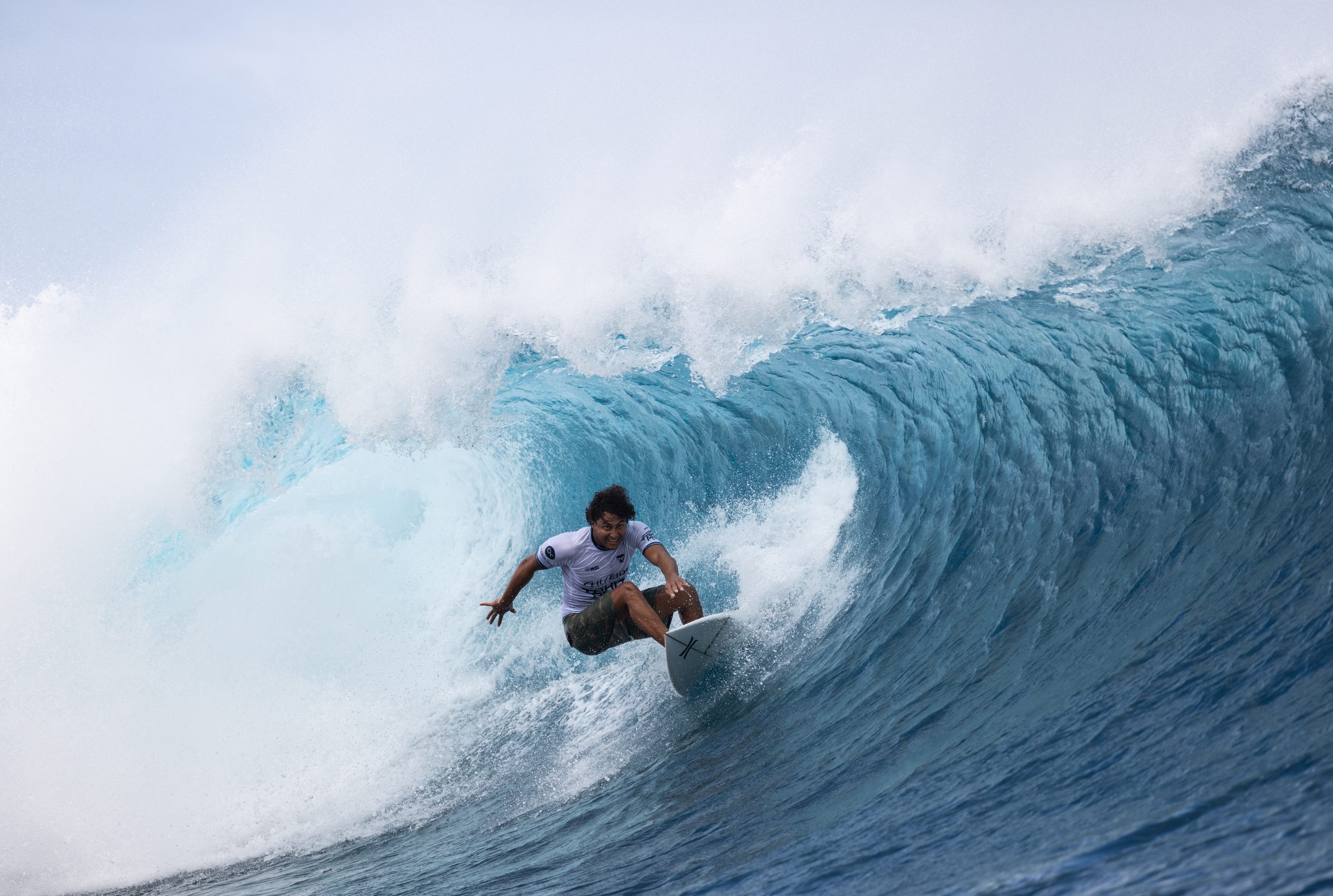 Professional Tahitian surfer Matahi Drollet competing in the 2023 Tahitian Pro.