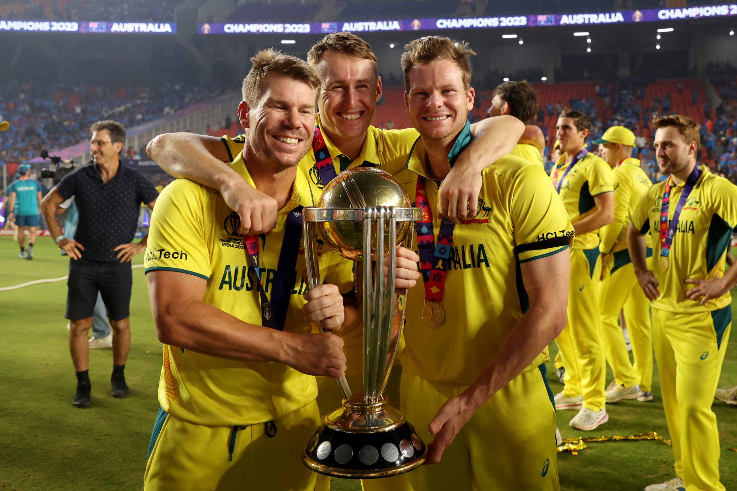 From left: David Warner, Marnus Labuschagne and Steve Smith celebrating World Cup glory.