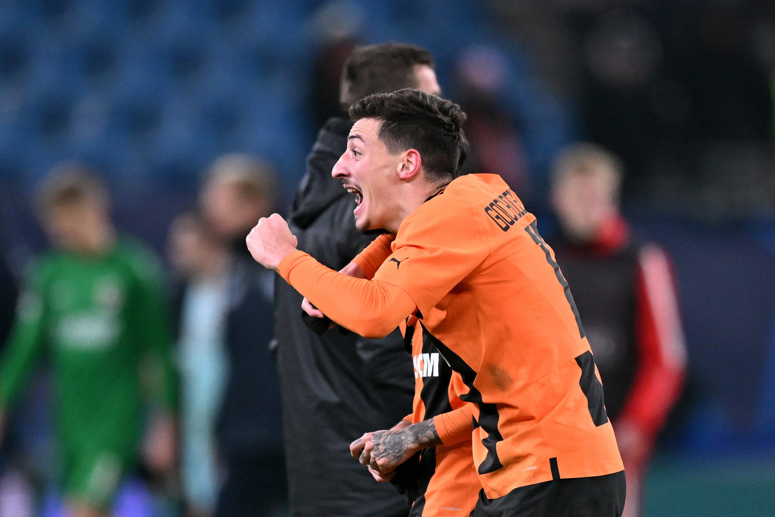 Giorgi Gocholeishvili of Shakhtar Donetsk celebrates.