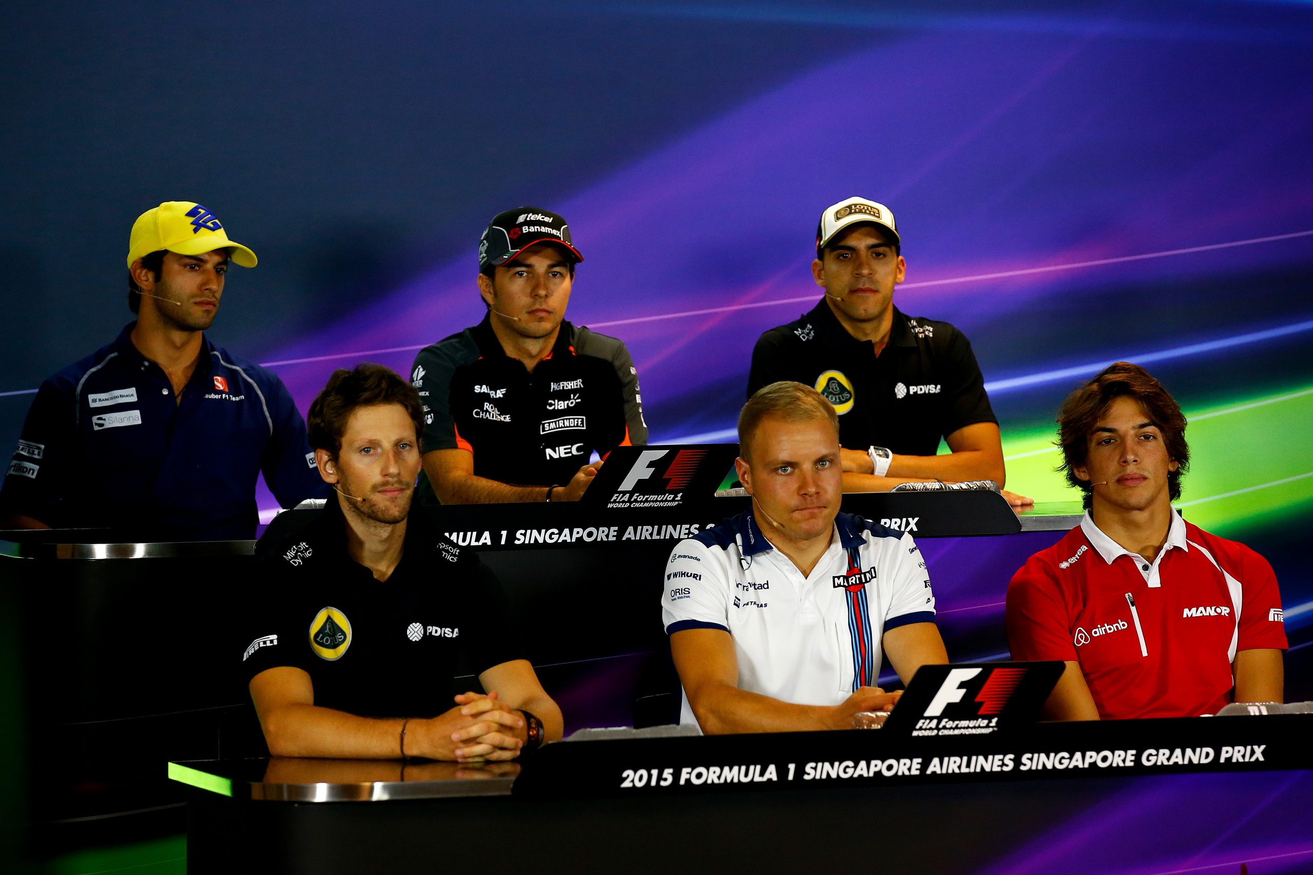 Roberto Merhi (bottom right) with Felipe Nasr (from left to right) Romain Grosjean, Sergio Perez, Valtteri Bottas, and Pastor Maldonado.