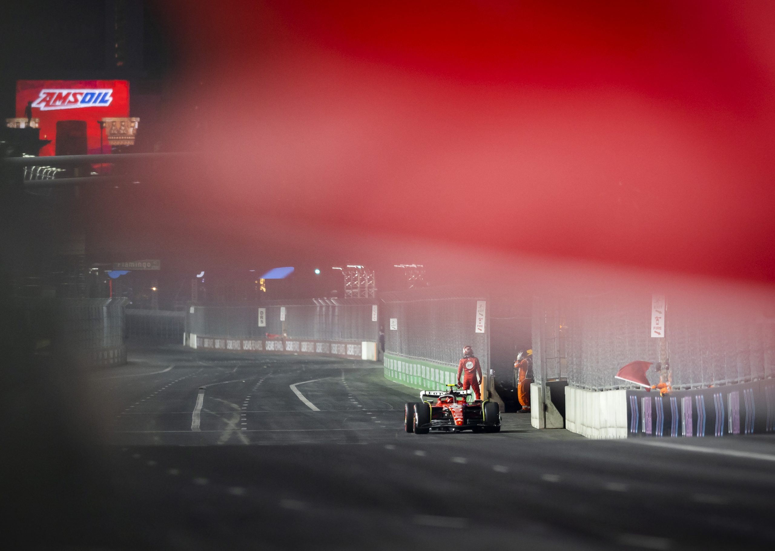 LAS VEGAS, NEVADA - NOVEMBER 16: The car of Carlos Sainz of Spain and Ferrari is removed from the circuit after stopping on track during practice ahead of the F1 Grand Prix of Las Vegas at Las Vegas Strip Circuit on November 16, 2023 in Las Vegas, Nevada. (Photo by Chris Graythen/Getty Images