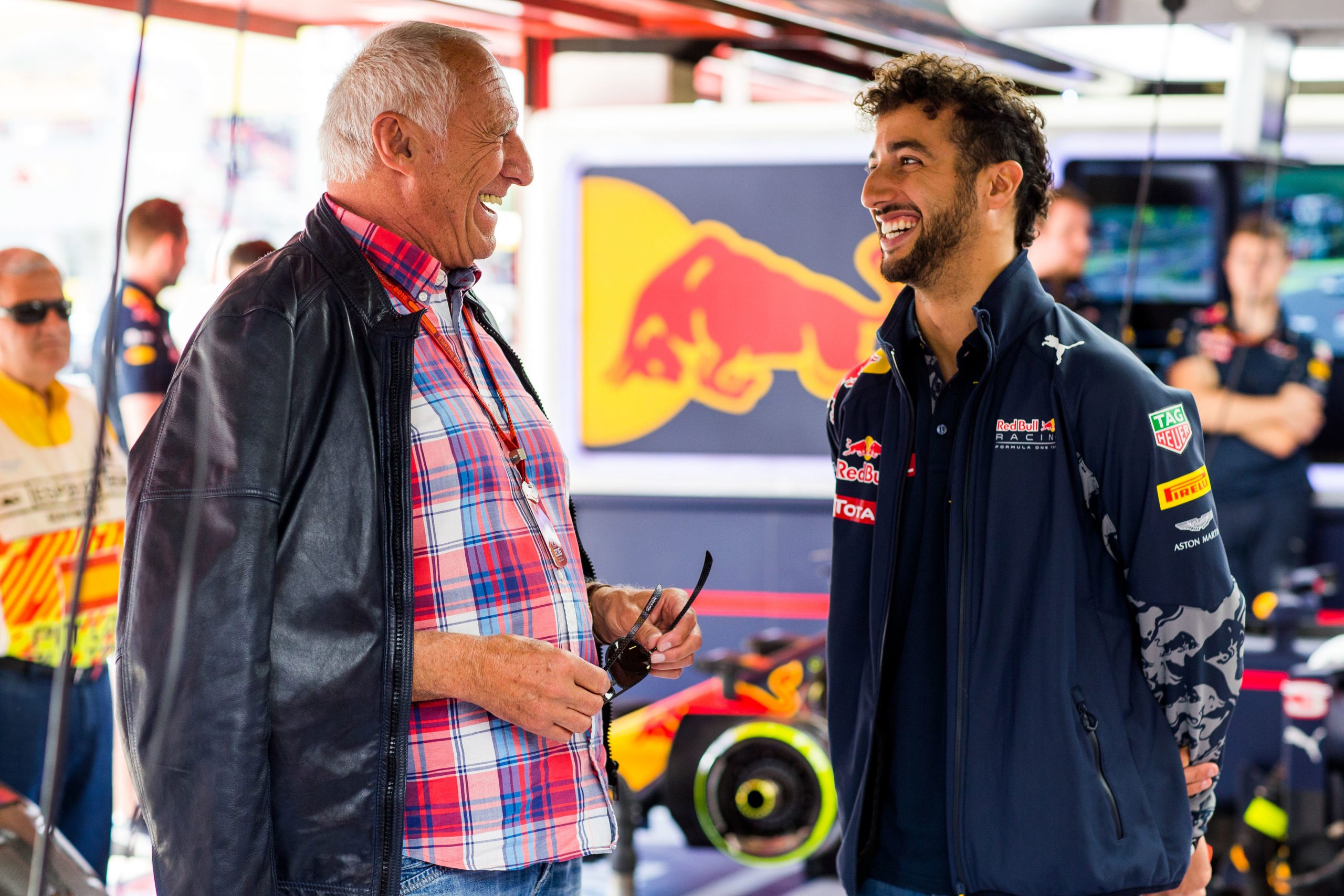 Dietrich Mateschitz chats with Daniel Ricciardo in 2016.