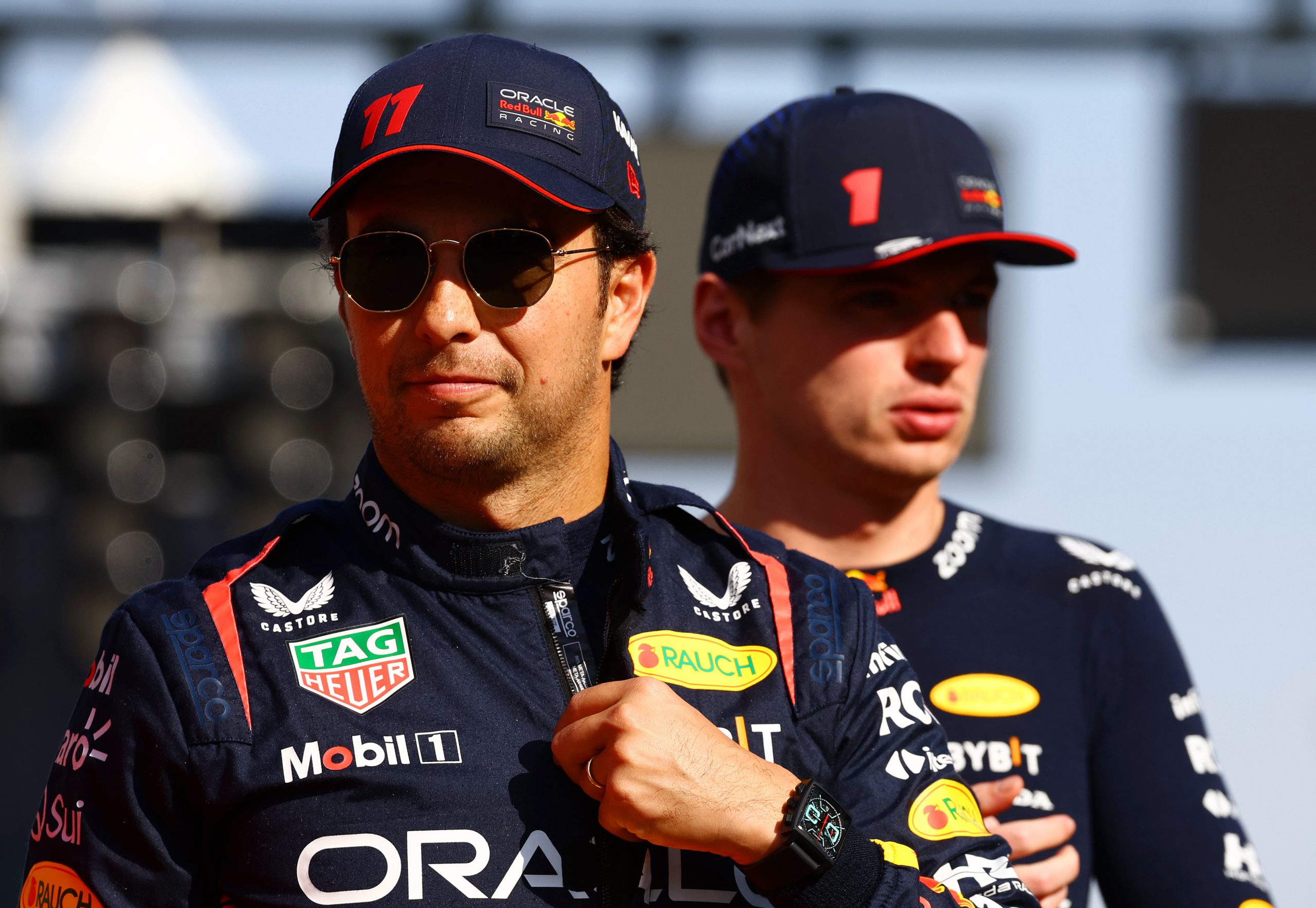 Sergio Perez of Mexico and Oracle Red Bull Racing looks on from the drivers parade prior to the F1 Grand Prix of Abu Dhabi at Yas Marina Circuit on November 26, 2023 in Abu Dhabi, United Arab Emirates. (Photo by Mark Thompson/Getty Images)