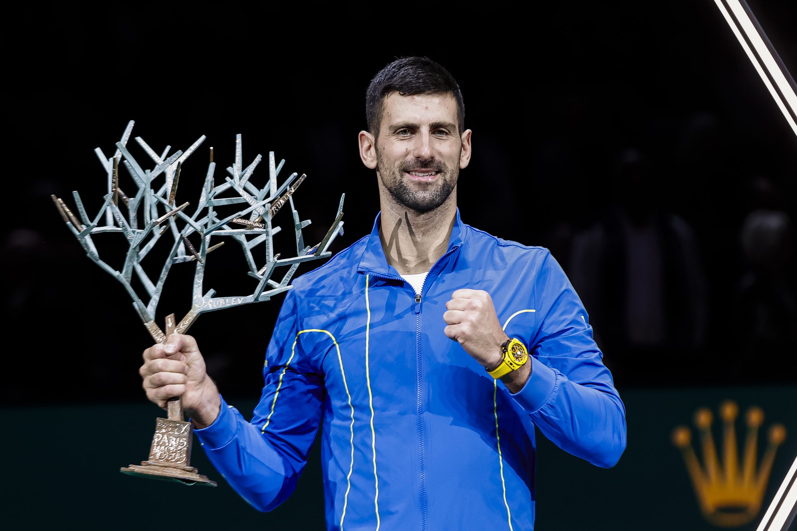 PARIS, FRANCE - NOVEMBER 5: Novak Djokovic of Serbia poses for photos with the Rolex Paris Masters Winner Trophy after winning Grigor Dimitrov of Bulgaria during the Final on Day Seven at Palais Omnisports de Bercy on November 5, 2023 in Paris, France. (Photo by Antonio Borga/Eurasia Sport Images/Getty Images)