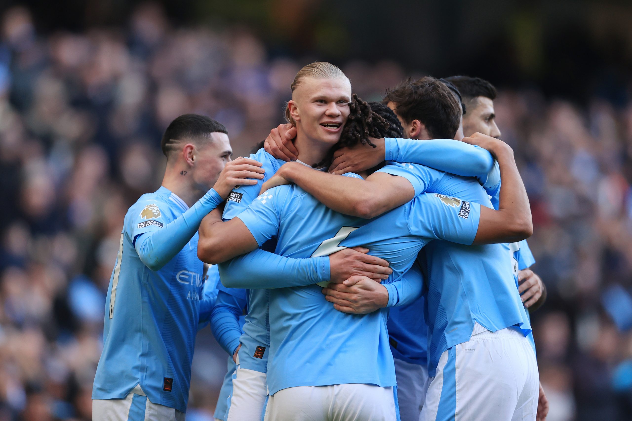 Erling Haaland of Manchester City celebrates after scoring their 1st goal during the Premier League match between Manchester City and Liverpool FC at Etihad Stadium on November 25, 2023 in Manchester, England. (Photo by Simon Stacpoole/Offside/Offside via Getty Images)