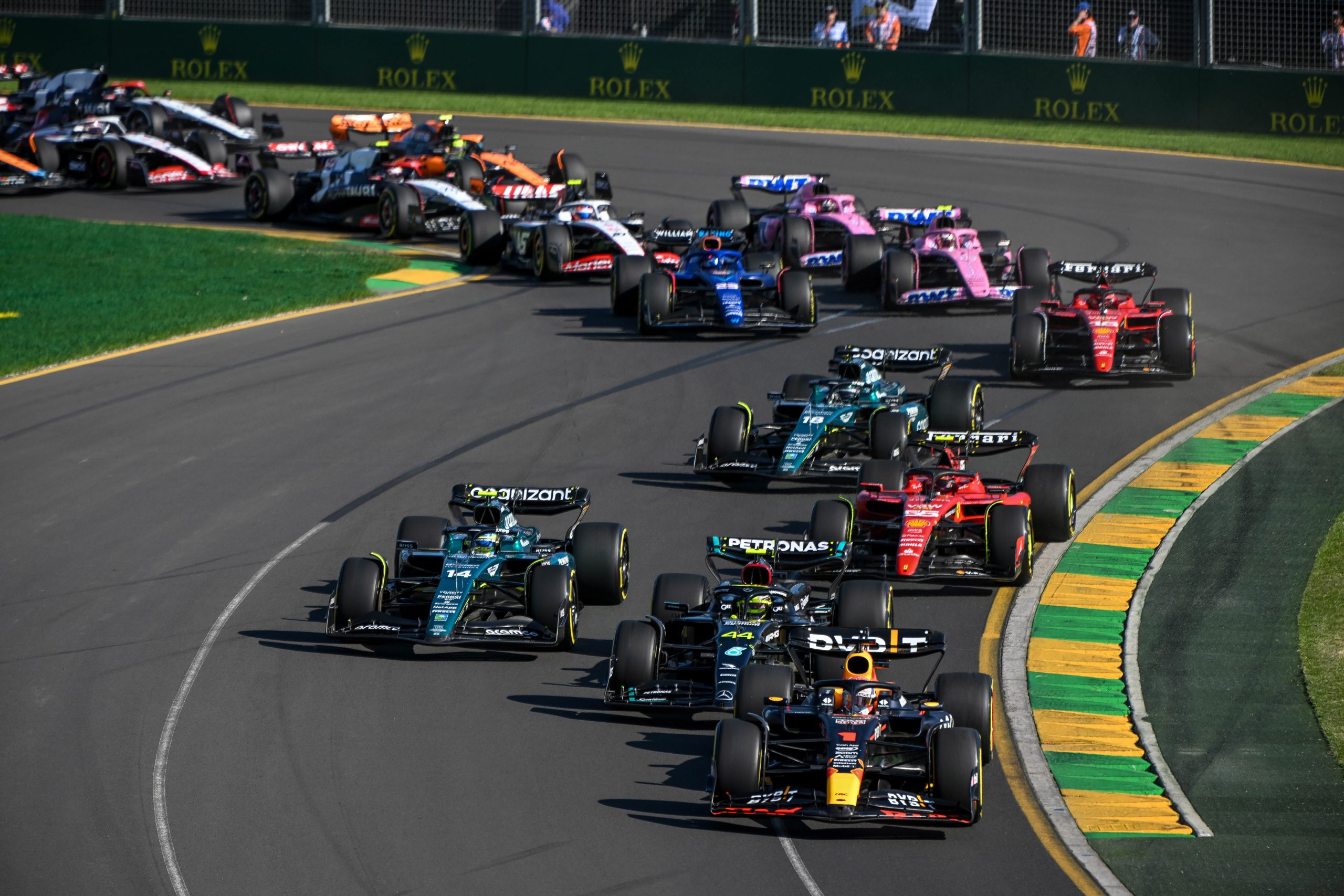 Max Verstappen leads Lewis Hamilton and Fernando Alonso at the start of the Formula 1 Australian Grand Prix.