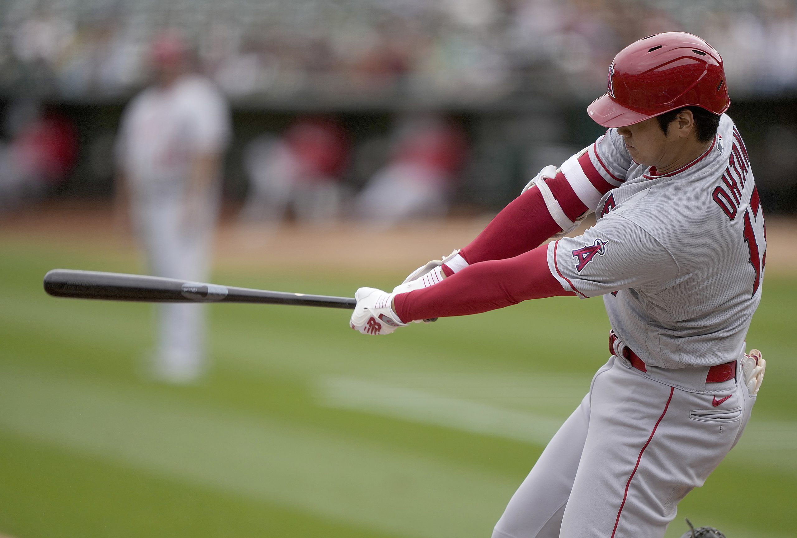 Shohei Ohtani #17 of the Los Angeles Angels grounds out to shortstop against the Oakland Athletics in the top of the third inning at RingCentral Coliseum on September 02, 2023 in Oakland, California. (Photo by Thearon W. Henderson/Getty Images)