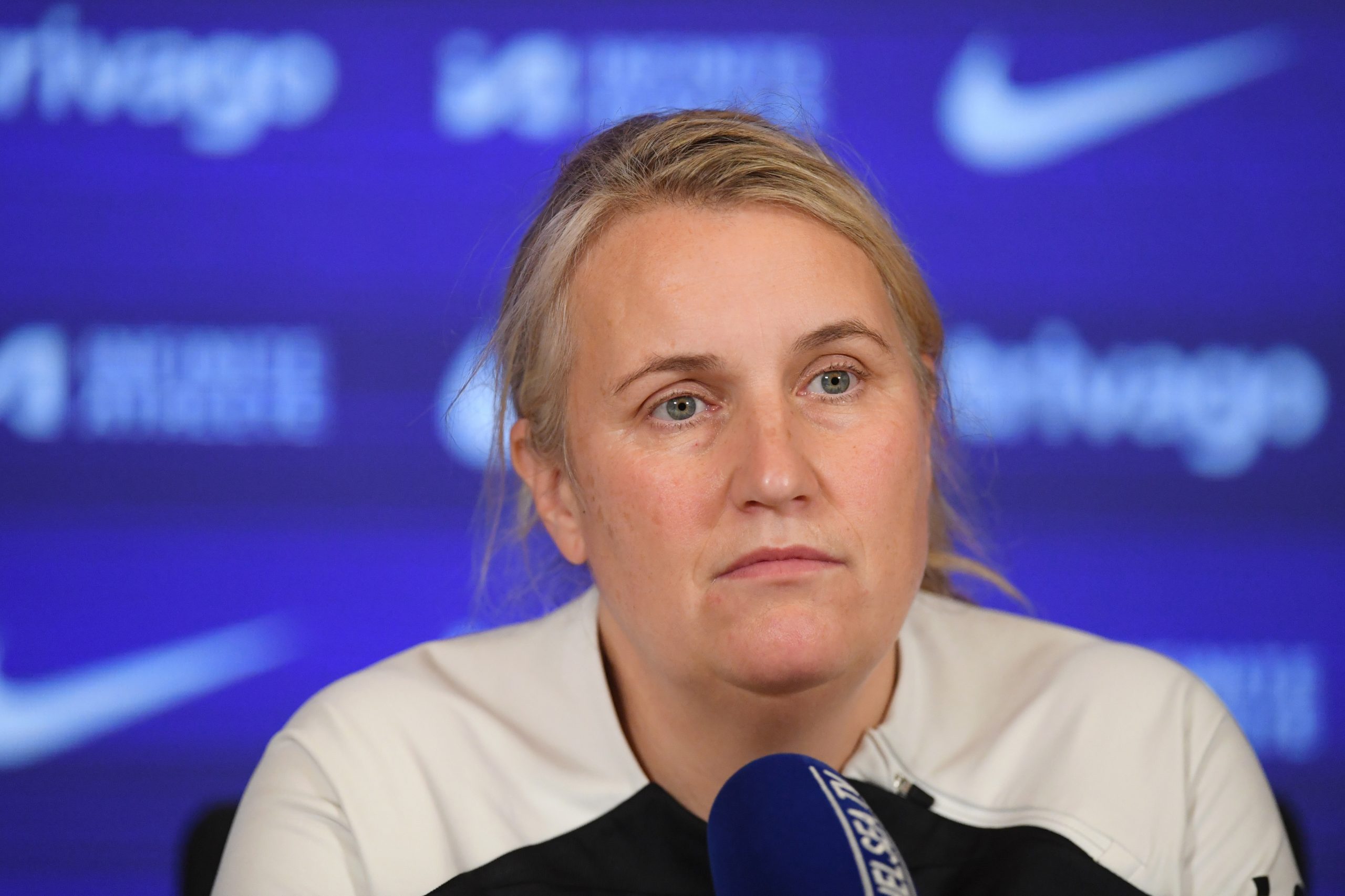 Emma Hayes reacts during a Chelsea FC Women's press conference.