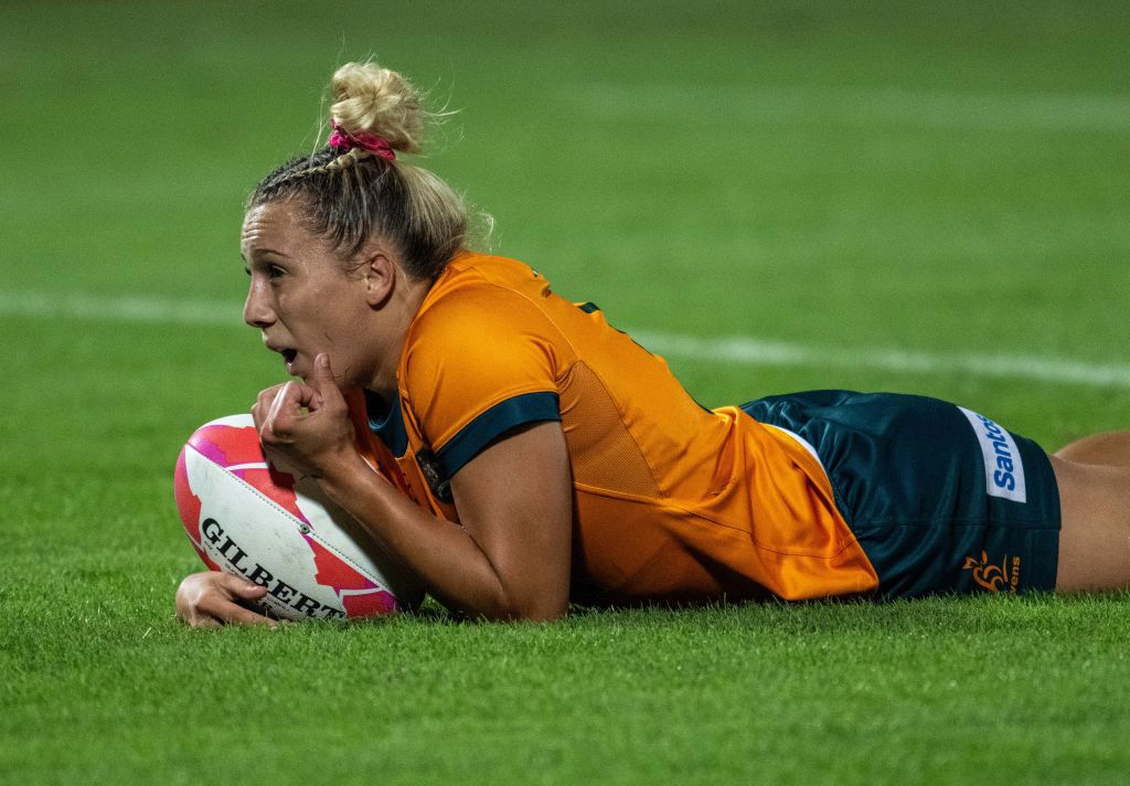 Teagan Levi of Australia reacts after scoring a try in the final.