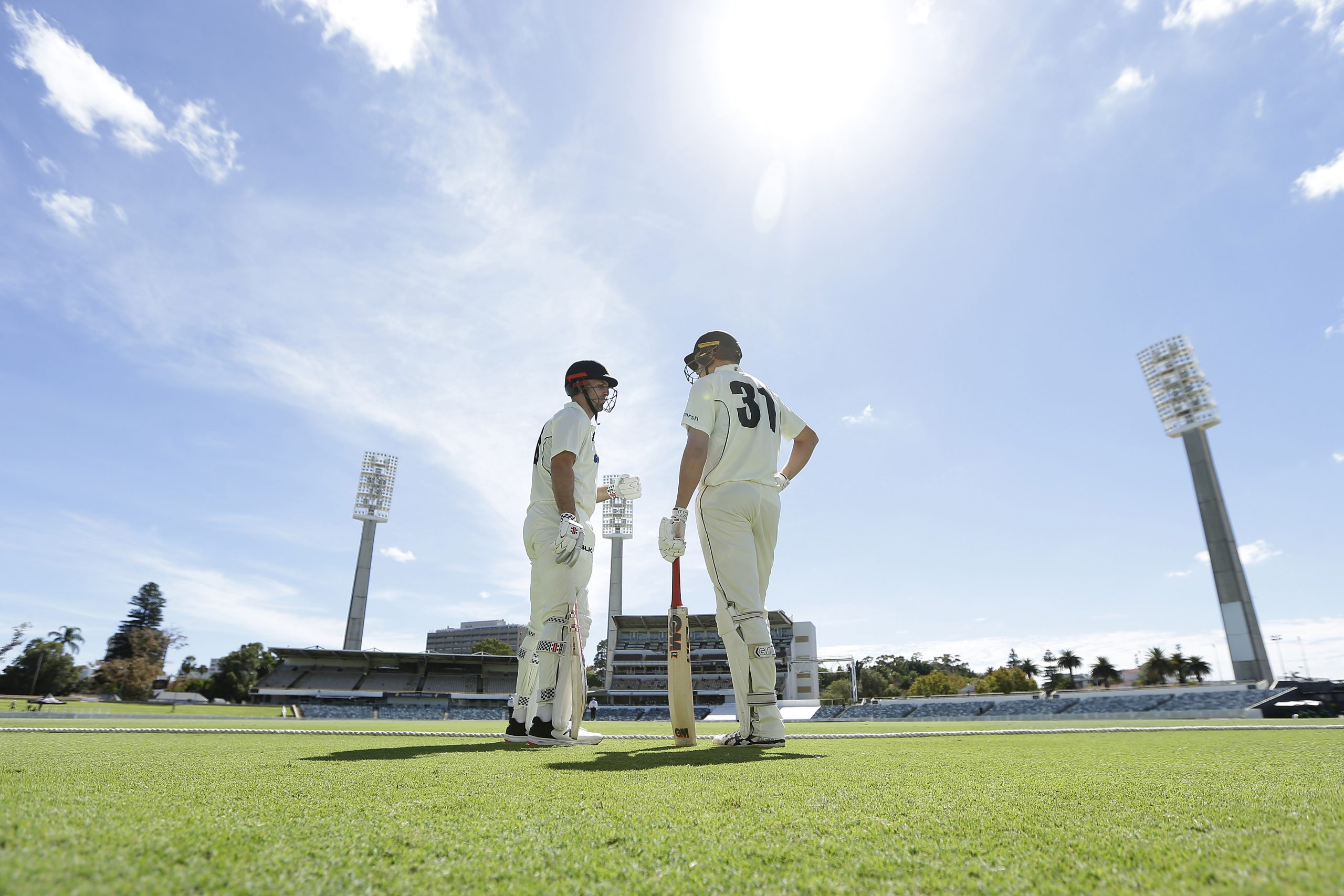 PERTH, AUSTRALIA - APRIL 06:  Cameron Green and Mitchell Marsh of the Warriors walk out to bat after the dinner break during day four of the Sheffield Shield match between Western Australia and Tasmania at WACA on April 06, 2021 in Perth, Australia. (Photo by Will Russell/Getty Images)