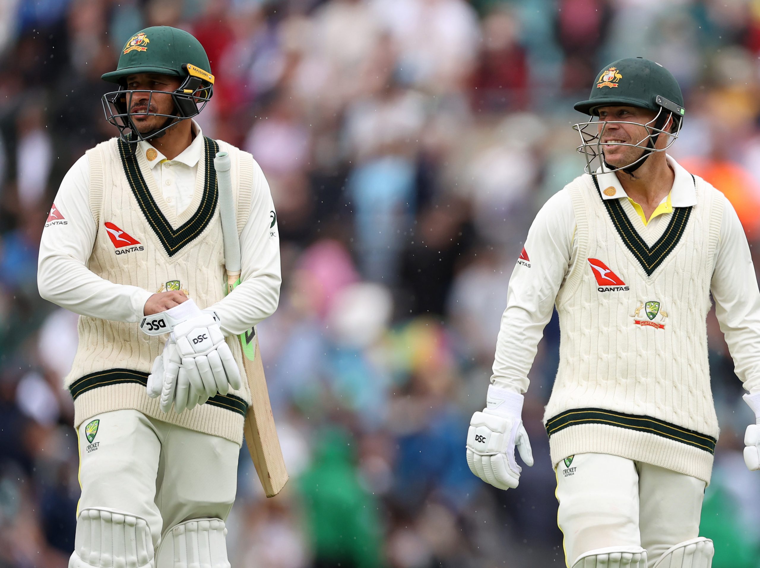 LONDON, ENGLAND - JUNE 28:   David Warner (left) and Usman Khawaja of Australia walk off the pitch during Day One of the LV= Insurance Ashes 2nd Test match between England and Australia at Lord's Cricket Ground on June 28, 2023 in London, England. (Photo by Visionhaus/Getty Images)