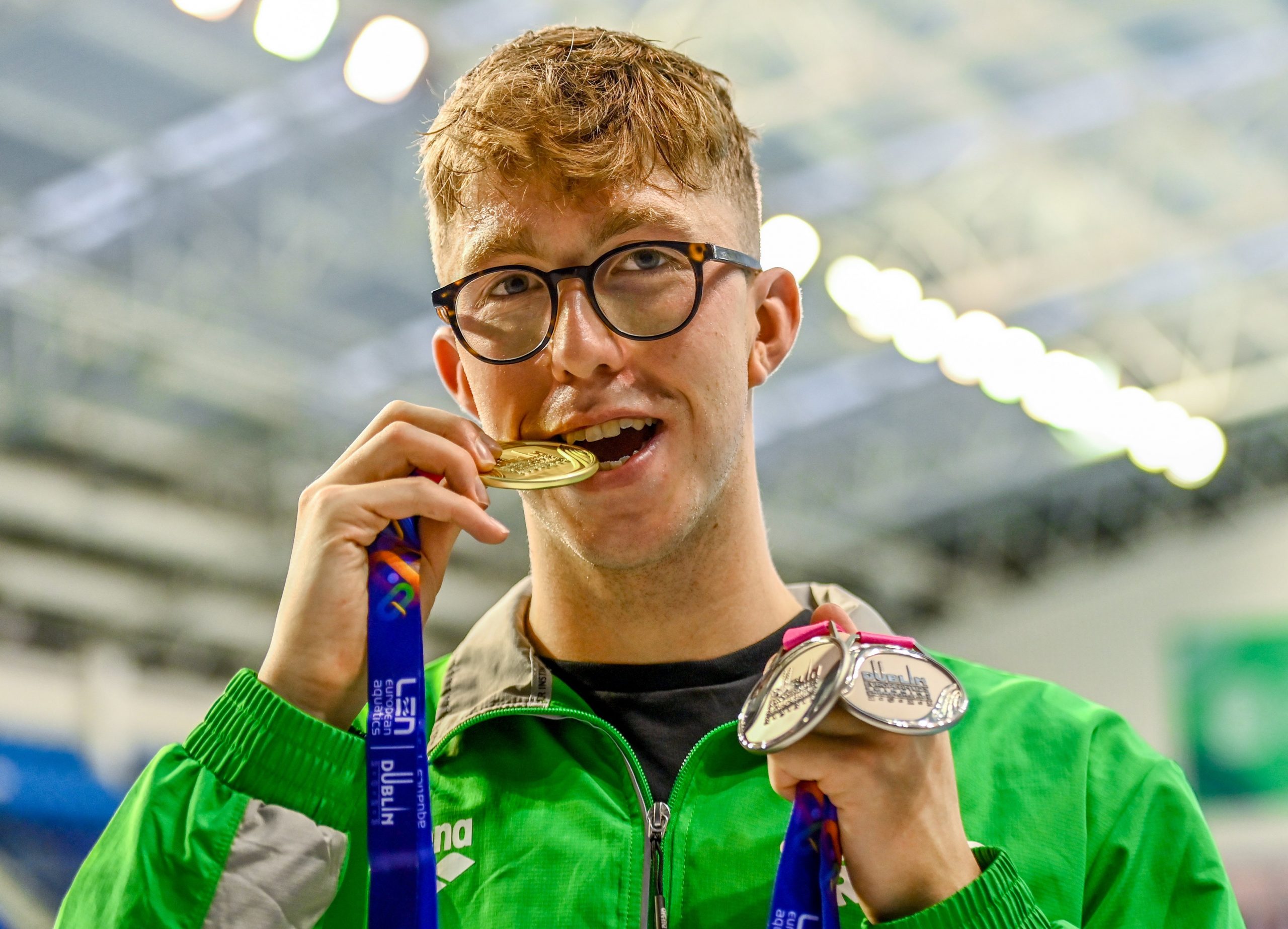 Dublin , Ireland - 13 August 2023; Daniel Wiffen of Ireand poses for a portrait with his 1500m freestyle gold medal, 400m freestyle silver medal and 800m freestyle silver medal during day three of the European U23 Swimming Championships at the National Aquatic Centre in Dublin. (Photo By Tyler Miller/Sportsfile via Getty Images)