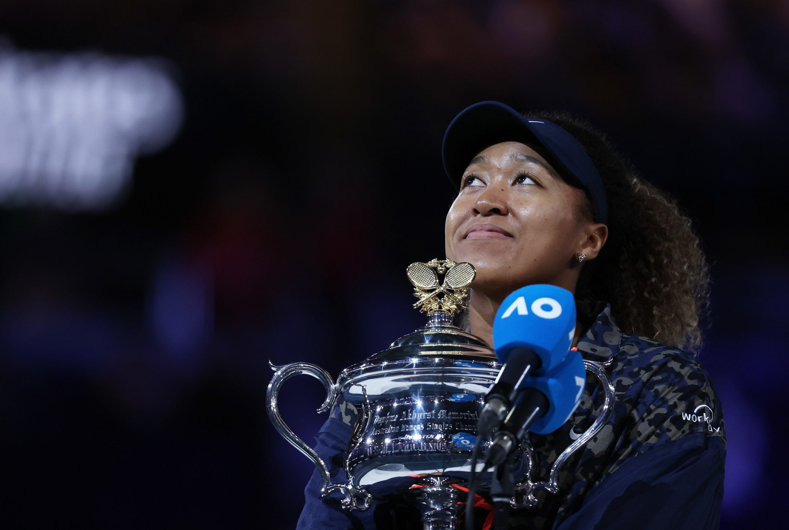 MELBOURNE, Feb. 20, 2021 -- Naomi Osaka of Japan celebrates with her trophy during the awarding ceremony after women's singles final between Naomi Osaka of Japan and Jennifer Brady of the United States at Australian Open in Melbourne, Australia, Feb. 20, 2021. (Photo by Bai Xuefei/Xinhua via Getty) (Xinhua/Bai Xuefei via Getty Images)