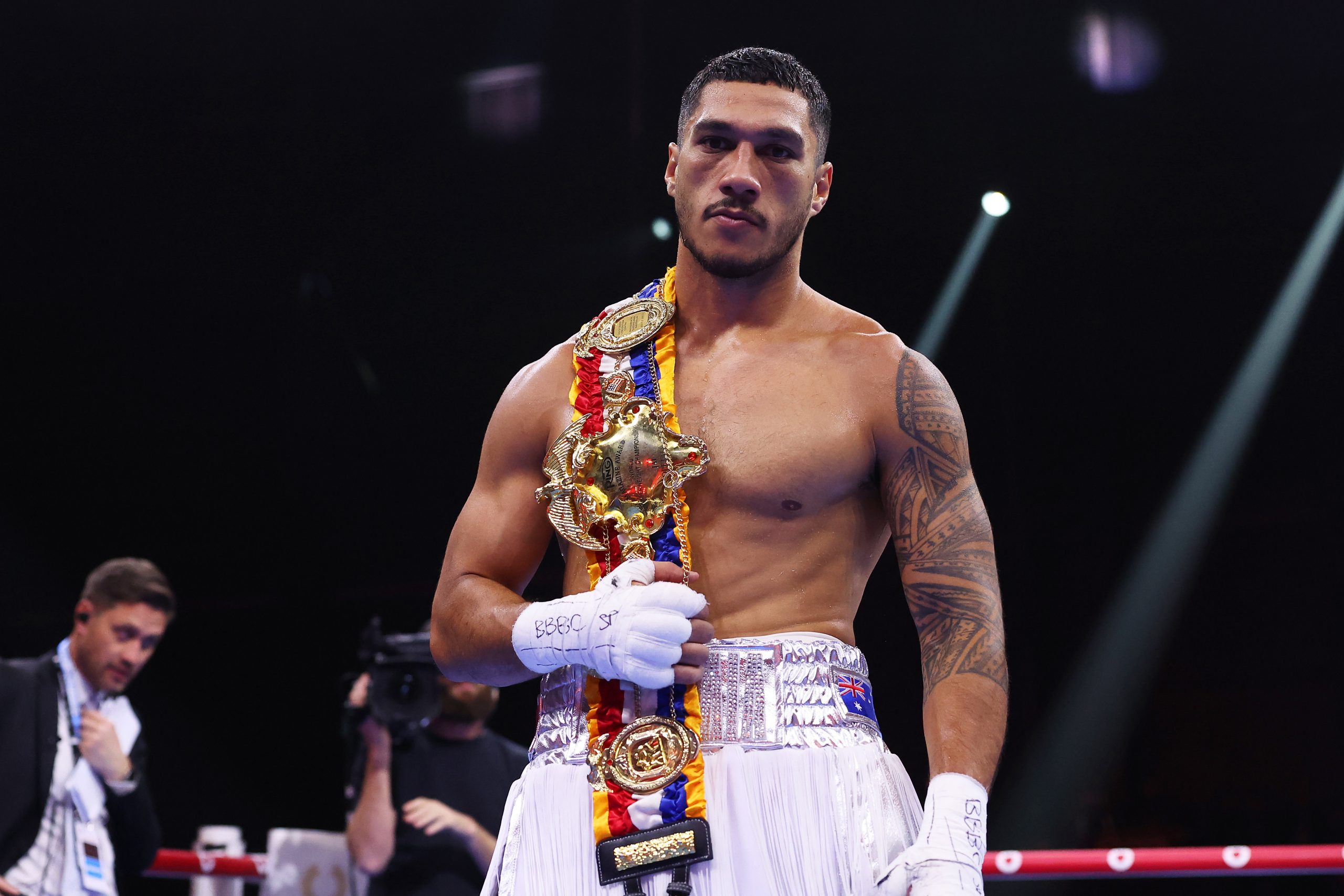 Jai Opetaia celebrates victory with the belt following the Cruiserweight fight between Jai Opetaia and Ellis Zoro during the Day of Reckoning: Fight Night at Kingdom Arena on December 23, 2023 in Riyadh, Saudi Arabia. (Photo by Richard Pelham/Getty Images)