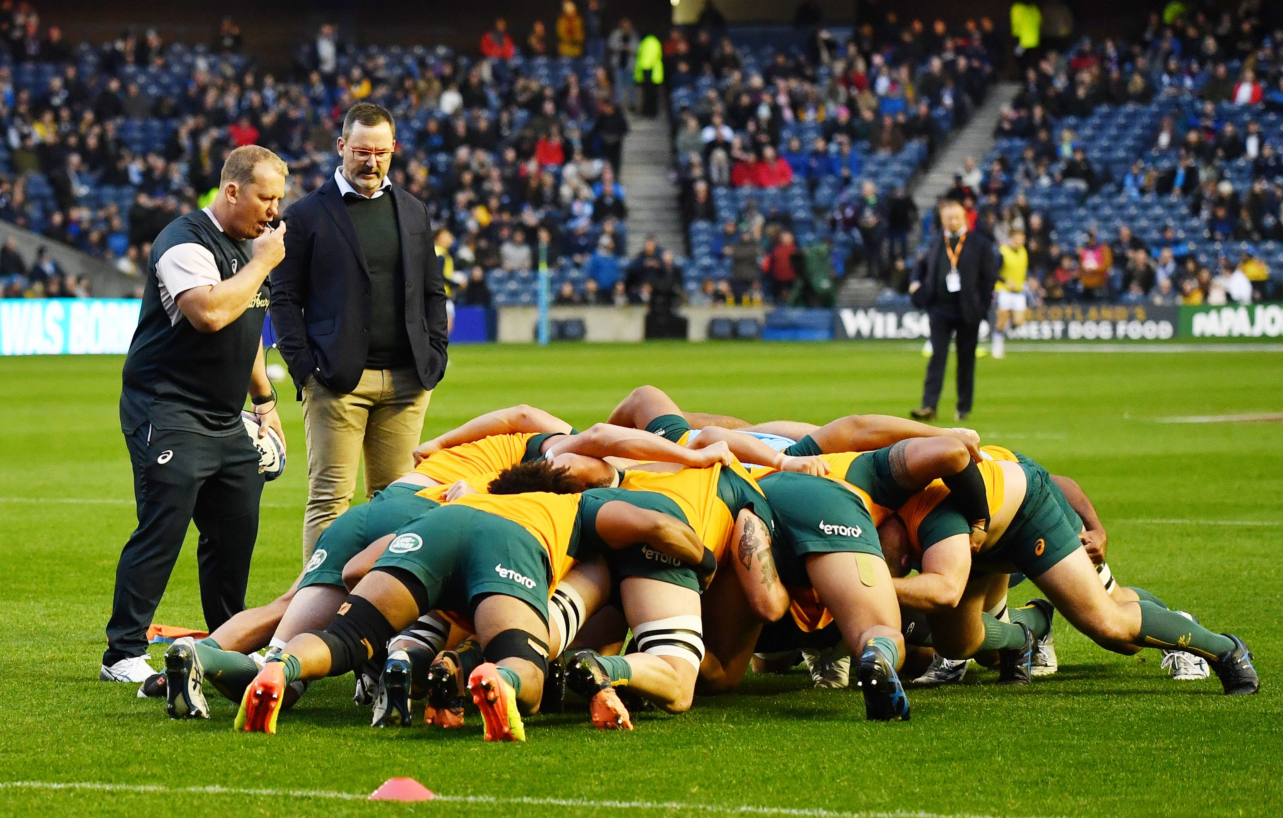 Petrus du Plessis and Dan McKellar watch over a scrum.