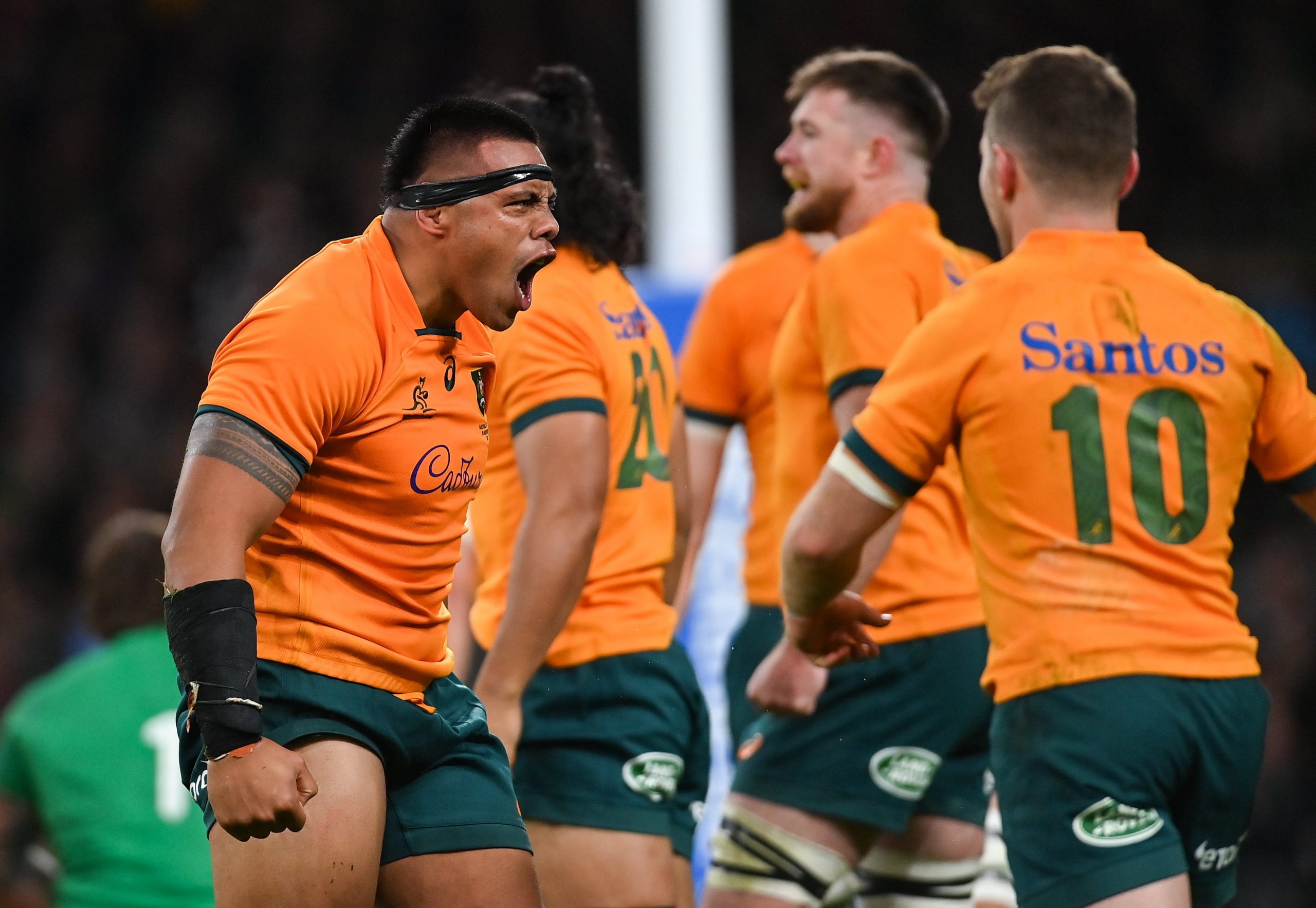 Allan Alaalatoa of Australia celebrates his side winning a penalty.