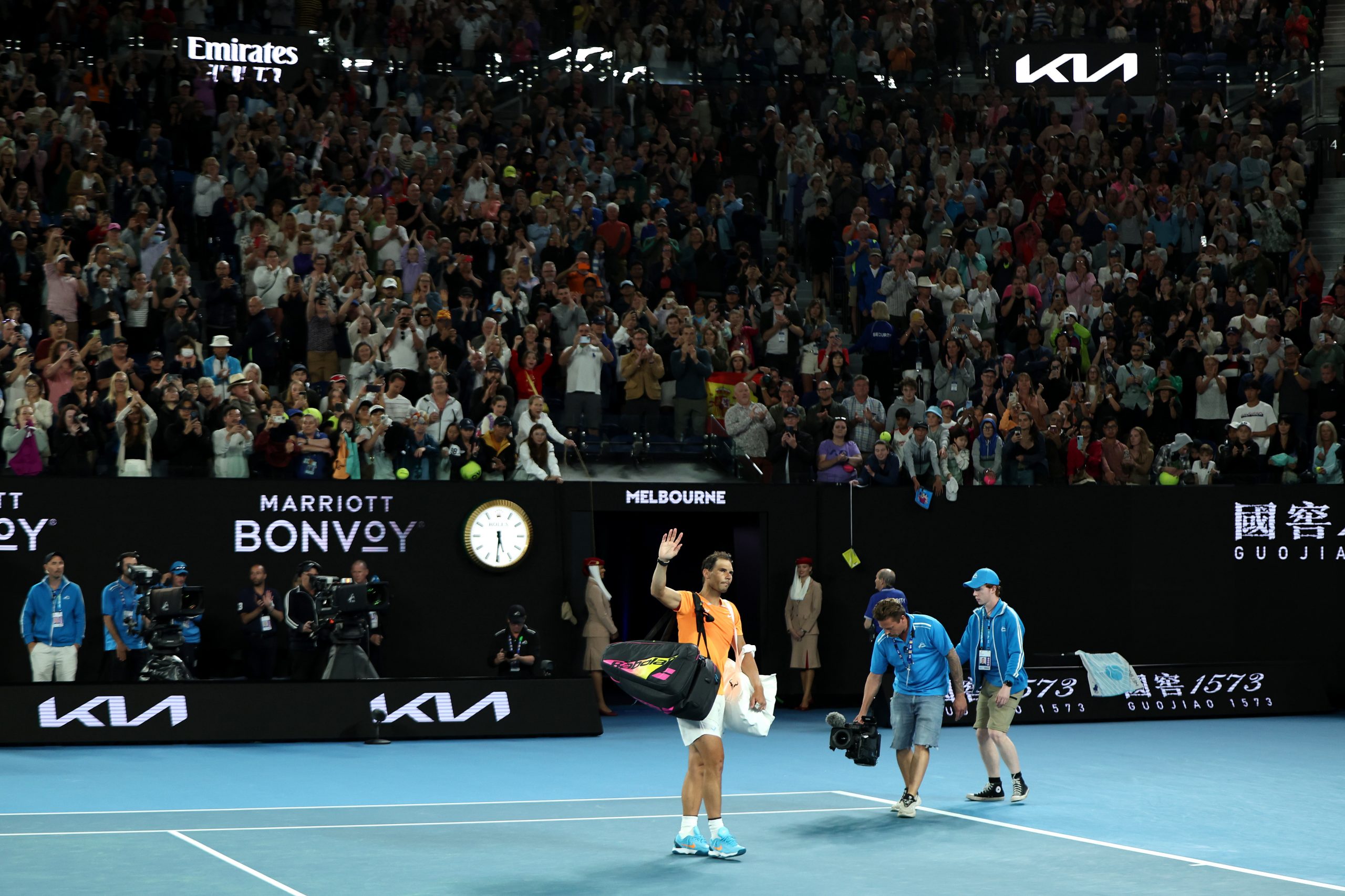 MELBOURNE, AUSTRALIA - JANUARY 18: Rafael Nadal of Spain acknowledges the crowd after losing their round two singles match against Mackenzie McDonald of the United States during day three of the 2023 Australian Open at Melbourne Park on January 18, 2023 in Melbourne, Australia. (Photo by Cameron Spencer/Getty Images)