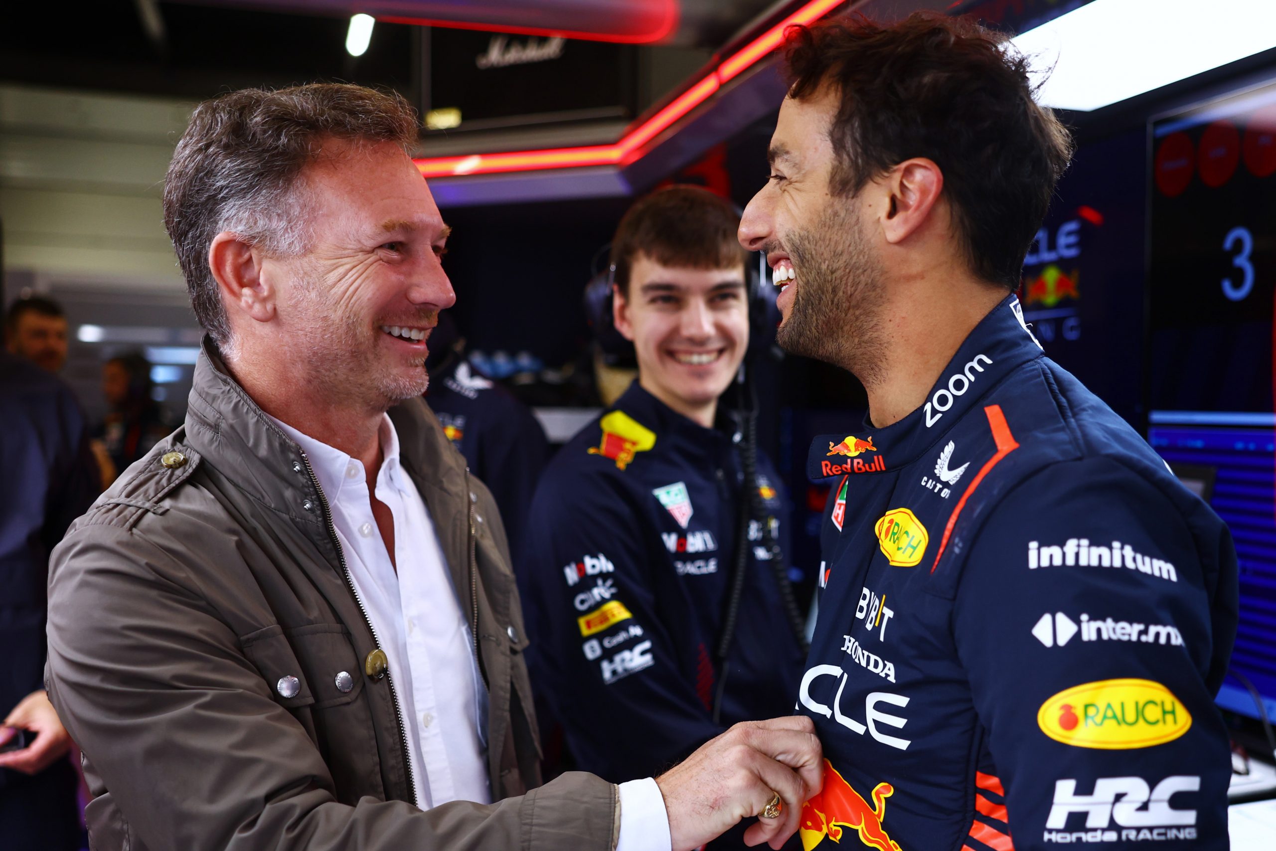 Daniel Ricciardo (right) with Red Bull team principal Christian Horner during the Silverstone Circuit tyre test.