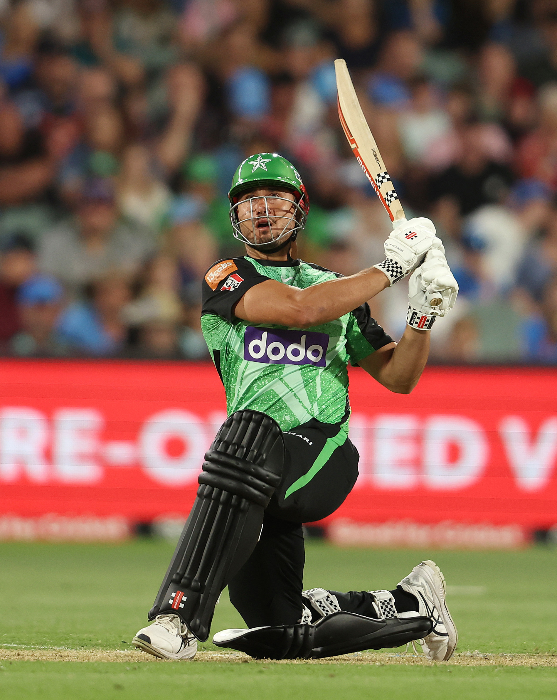 ADELAIDE, AUSTRALIA - DECEMBER 31: Marcus Stoinis of the Stars hits 6 runs during the BBL match between Adelaide Strikers and Melbourne Stars at Adelaide Oval, on December 31, 2023, in Adelaide, Australia. (Photo by Sarah Reed/Getty Images)