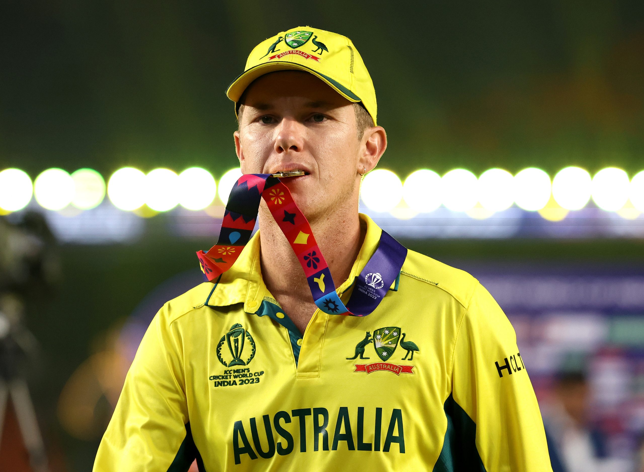 Adam Zampa of Australia celebrates with his winners medal following the ICC Men's Cricket World Cup final between India and Australia.