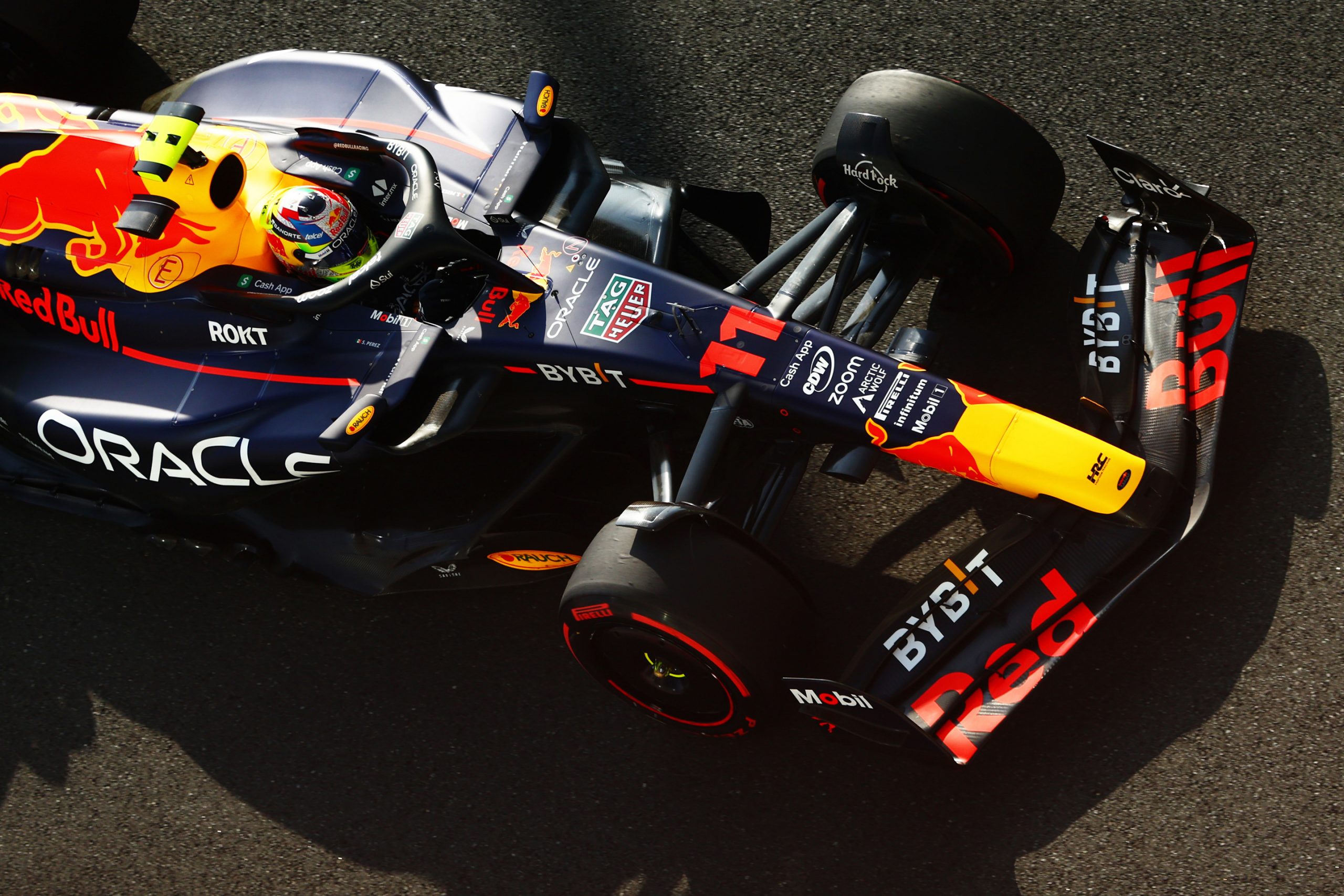 Sergio Perez of Mexico driving the RB19 on track  during practice at the Abu Dhabi Grand Prix.