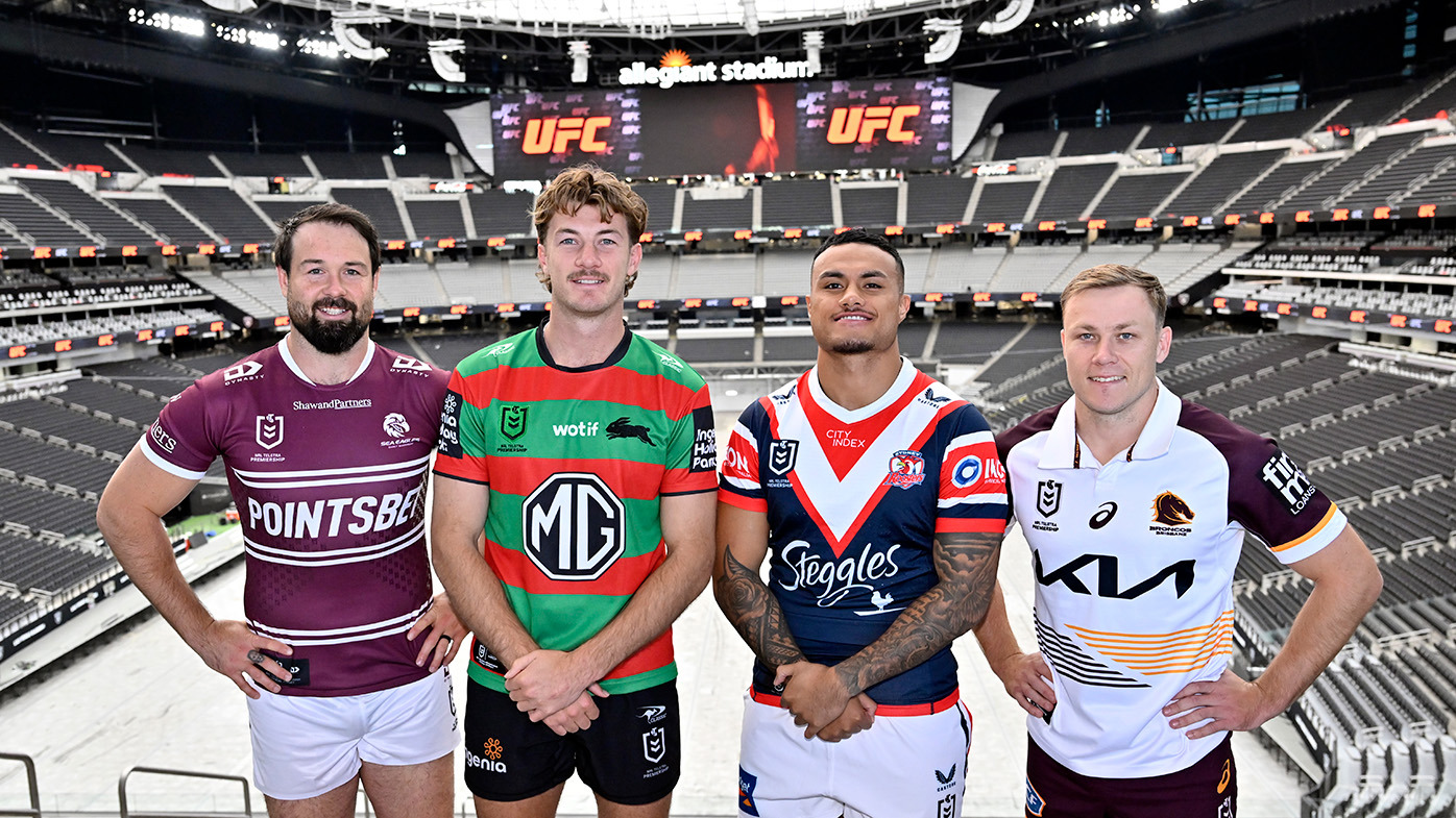 Aaron Woods, Campbell Graham Spencer Leniu and Billy Walters attend the National Rugby League – Vegas Promo Tour at Allegiant Stadium on December 12, 2023 in Las Vegas, Nevada. Allegiant Stadium will host 10 NRL matches kicking off with a season-opening double-header next March. (Photo by David Becker/Getty Images for NRL)