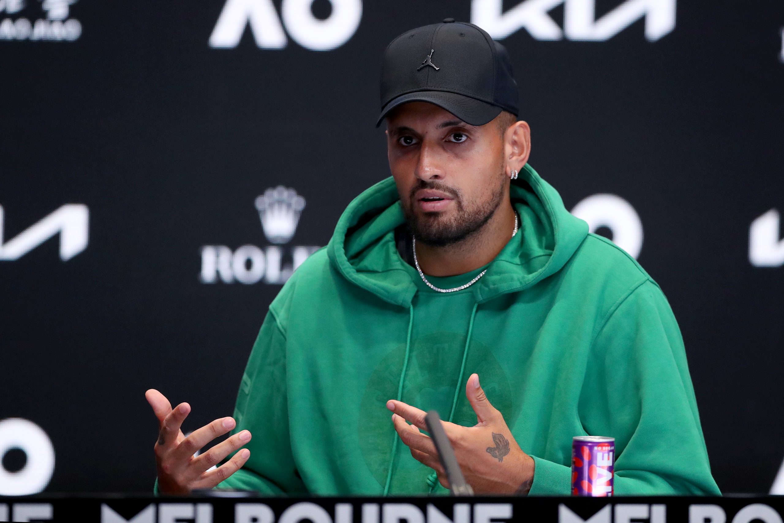 MELBOURNE, AUSTRALIA - JANUARY 14: Nick Kyrgios of Australia speaks during a press conference during a practice session ahead of the 2023 Australian Open at Melbourne Park on January 14, 2023 in Melbourne, Australia. (Photo by Kelly Defina/Getty Images)