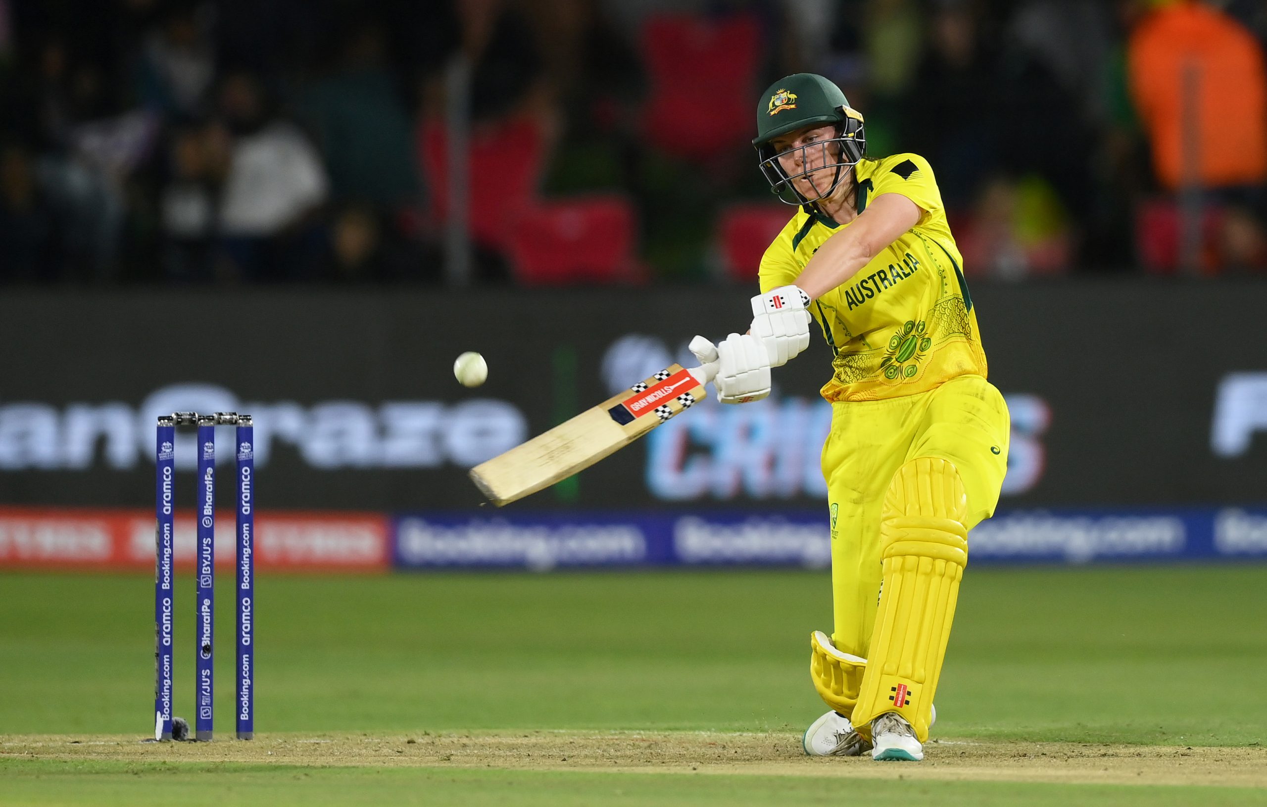 Tahlia McGrath of Australia plays a shot during the ICC Women's T20 World Cup group A match between South Africa and Australia at St George's Park. (Photo by Mike Hewitt/Getty Images)