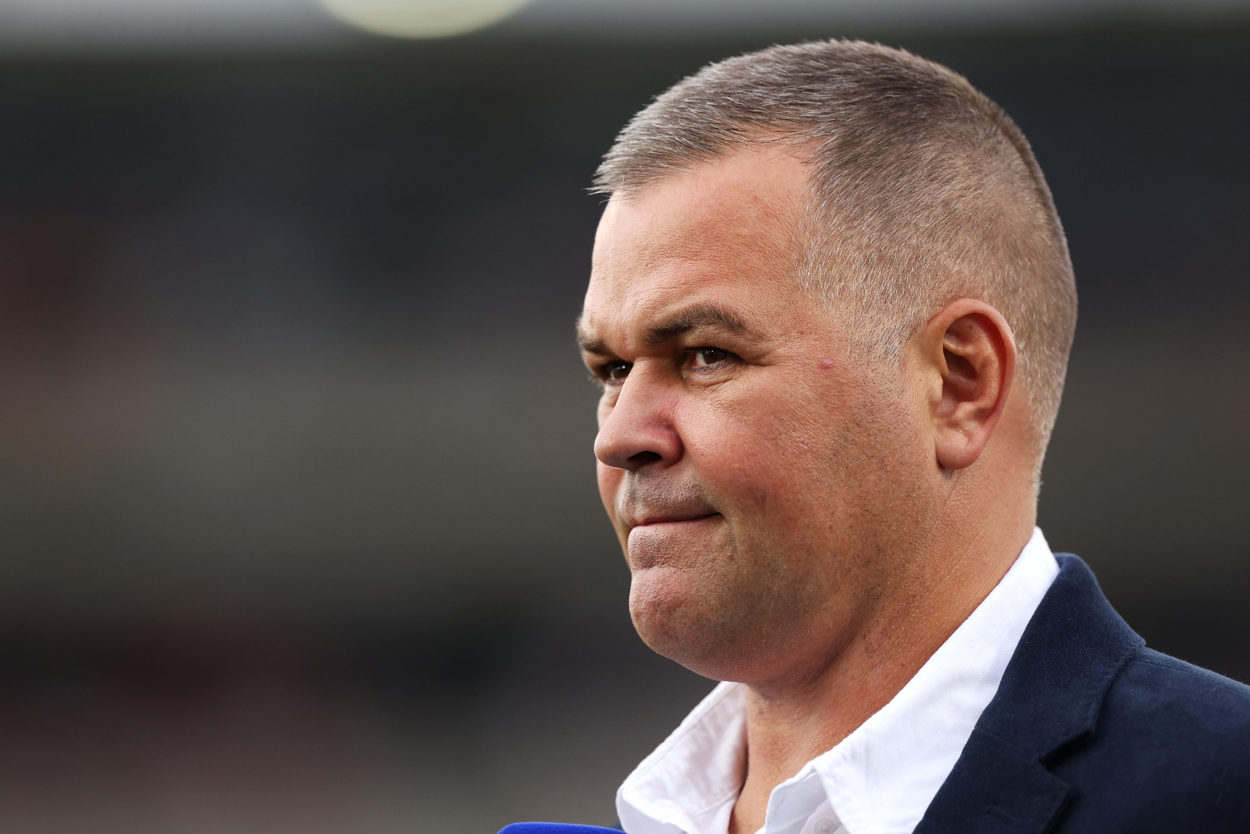 Sea Eagles coach Anthony Seibold looks on as he is is interviewed pre-game during the round eight NRL match between Wests Tigers and Manly Sea Eagles at Campbelltown Stadium on April 23, 2023 in Sydney, Australia. (Photo by Mark Kolbe/Getty Images)