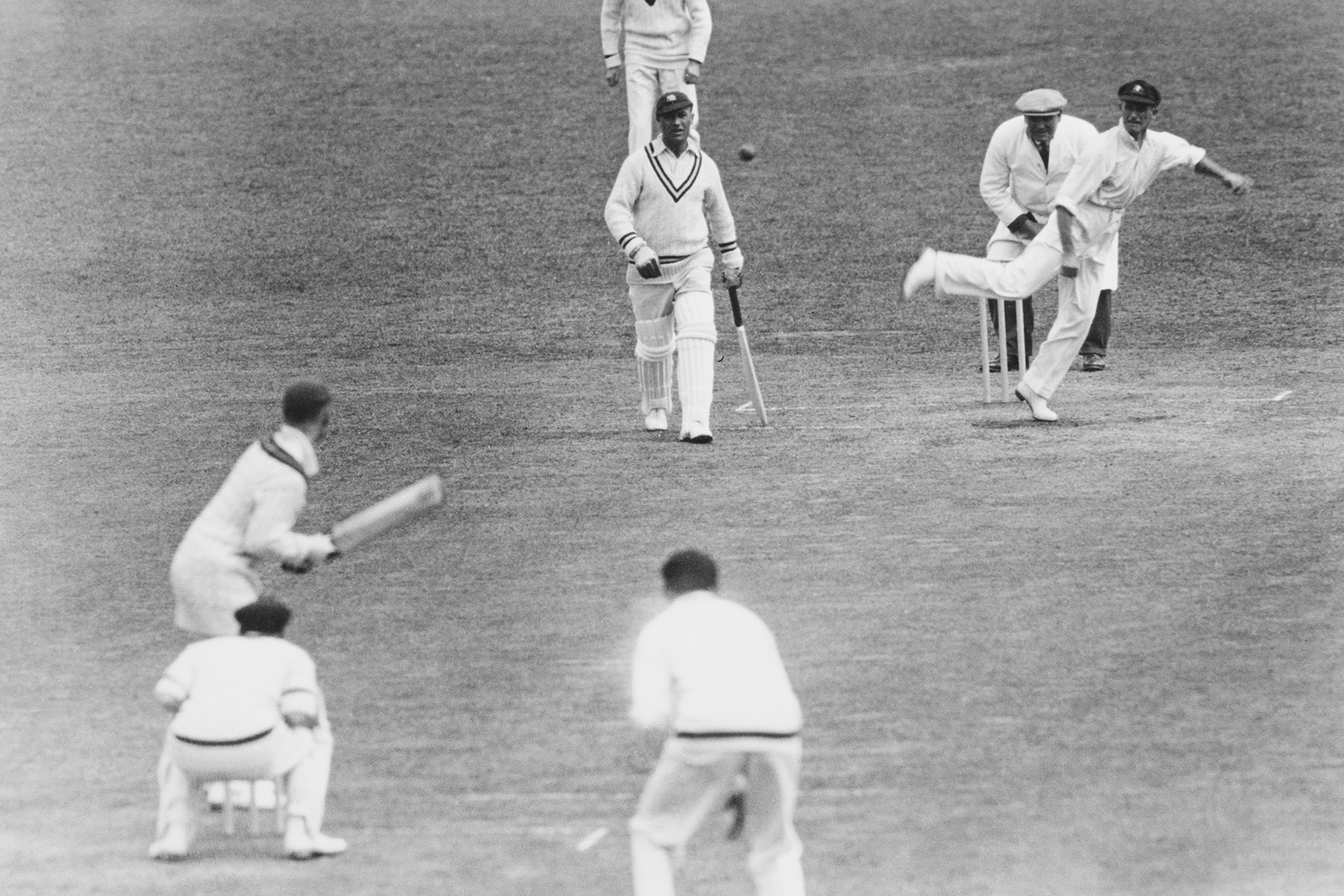 Australian spin bowler Clarrie Grimmett bowling against Essex at Leyton.