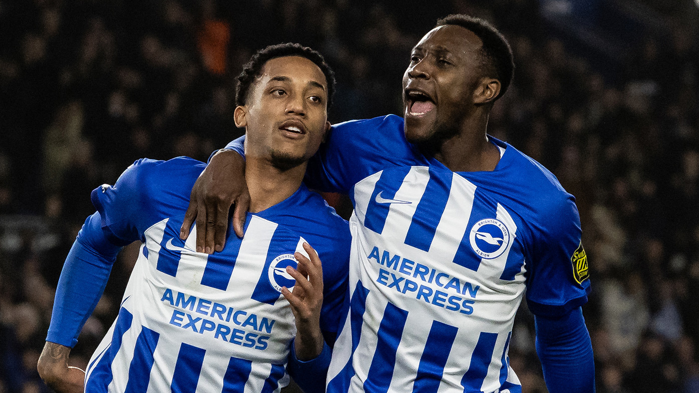  Brighton & Hove Albion's Joao Pedro celebrates scoring his side's second goal, from the penalty spot, with team mate Danny Welbeck (right) during the Premier League match between Brighton & Hove Albion and Tottenham Hotspur at American Express Community Stadium on December 28, 2023 in Brighton, England. (Photo by Andrew Kearns - CameraSport via Getty Images)