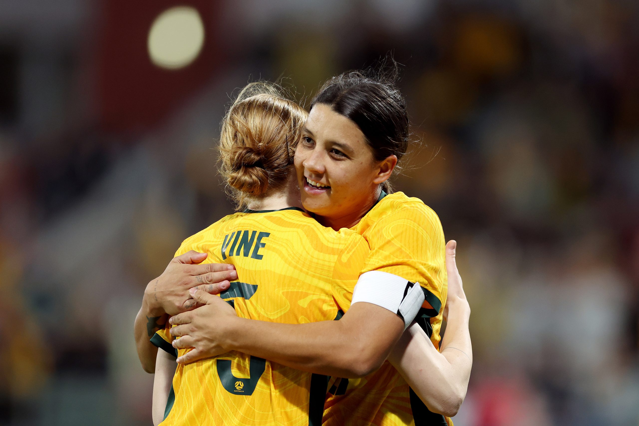 Samantha Kerr of the Matildas celebrates with team mates after scoring a goal during the AFC Women's Asian Olympic Qualifier match between Australia Matildas and IR Iran at HBF Park on October 26, 2023 in Perth, Australia.