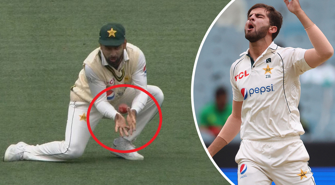 Shaheen Afridi reacts to the Abdullah Shafiqu drop of David Warner.