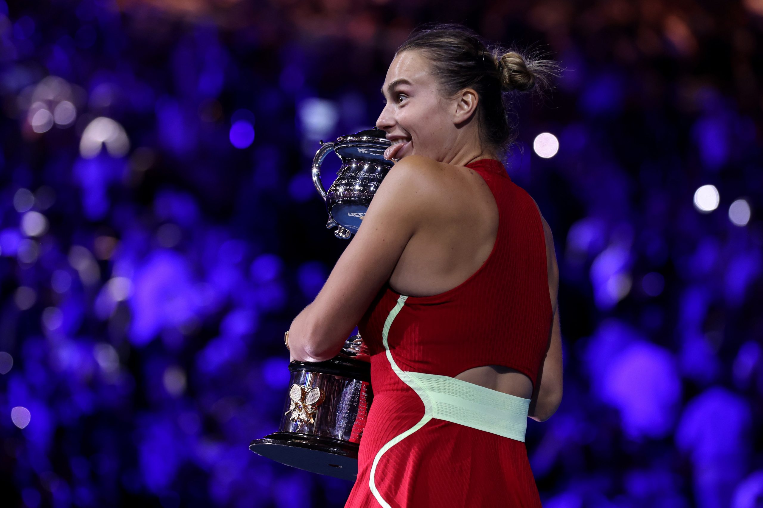 Aryna Sabalenka poses with the Daphne Akhurst Memorial Cup