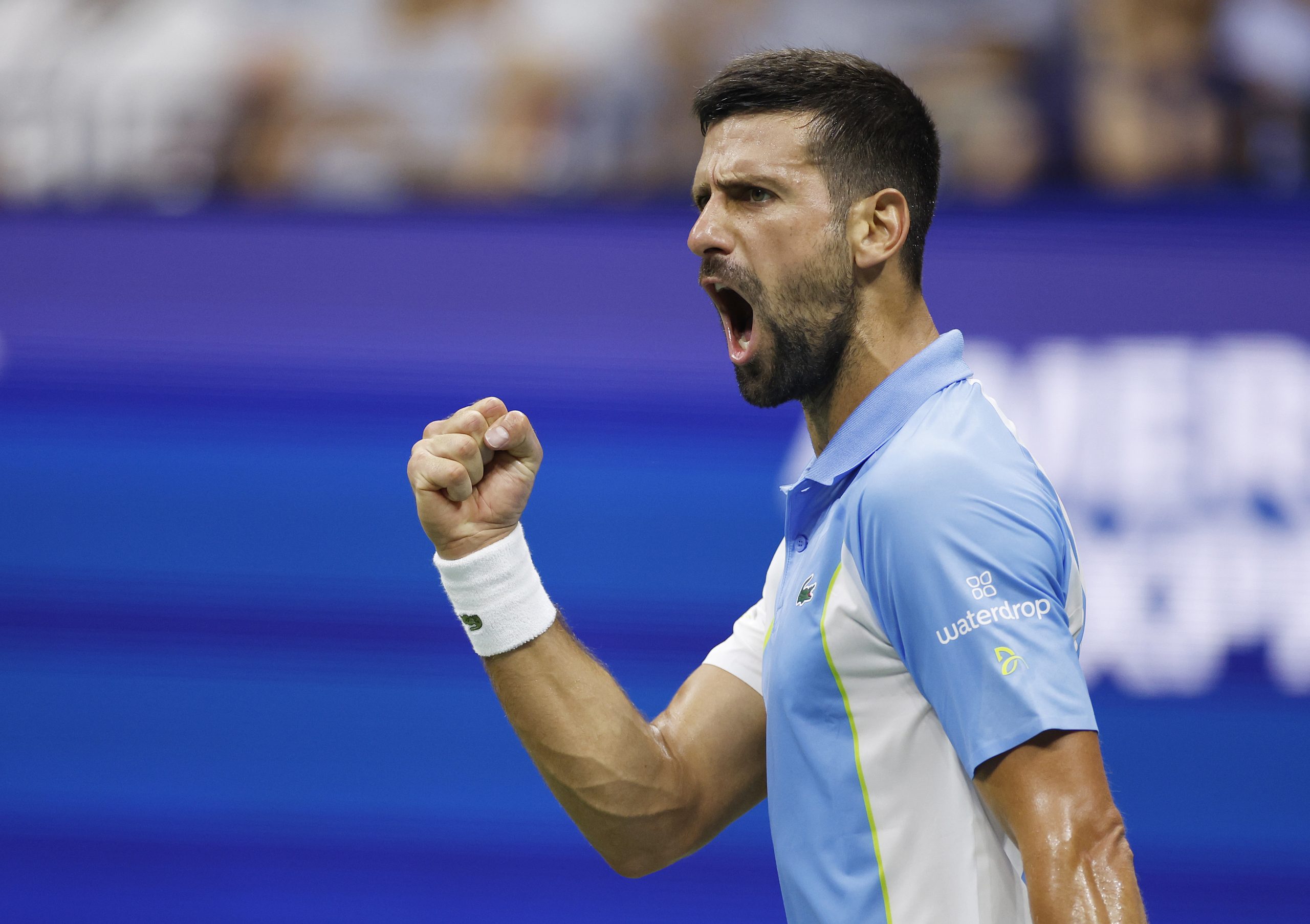 NEW YORK, NEW YORK - SEPTEMBER 08: Novak Djokovic of Serbia celebrates winning the first set against Ben Shelton of the United States during their Men's Singles Semifinal match on Day Twelve of the 2023 US Open at the USTA Billie Jean King National Tennis Center on September 08, 2023 in the Flushing neighborhood of the Queens borough of New York City. (Photo by Sarah Stier/Getty Images)