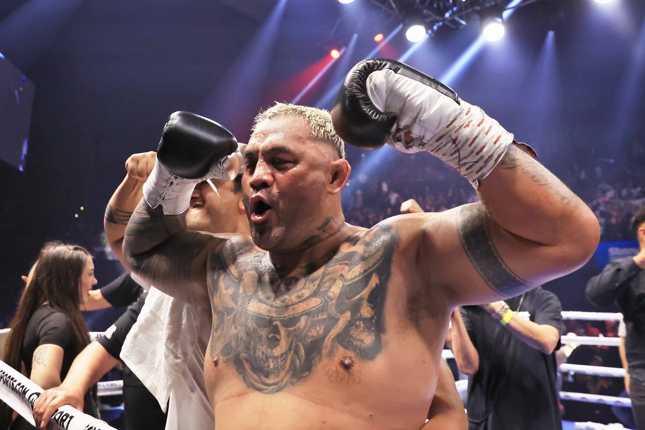 Mark Hunt celebrates his win over Sonny Bill Williams.