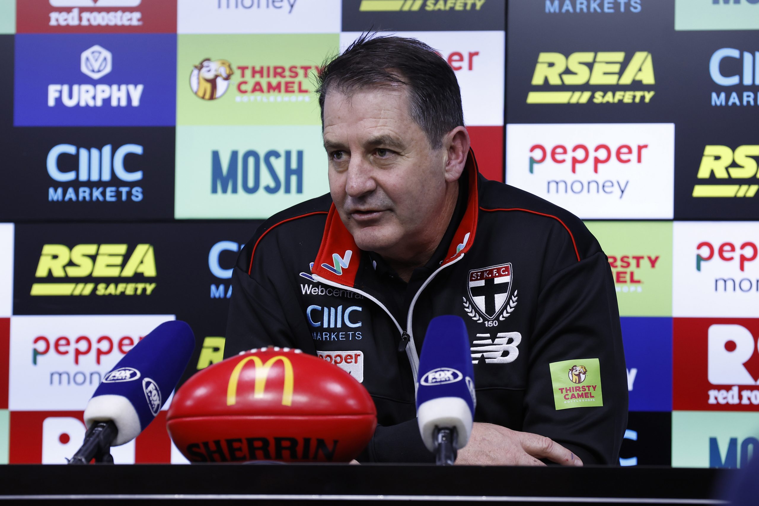 MELBOURNE, AUSTRALIA - JULY 23: Ross Lyon, Senior Coach of the Saints speaks to the media after the round 19 AFL match between St Kilda Saints and North Melbourne Kangaroos at Marvel Stadium, on July 23, 2023, in Melbourne, Australia. (Photo by Darrian Traynor/Getty Images)