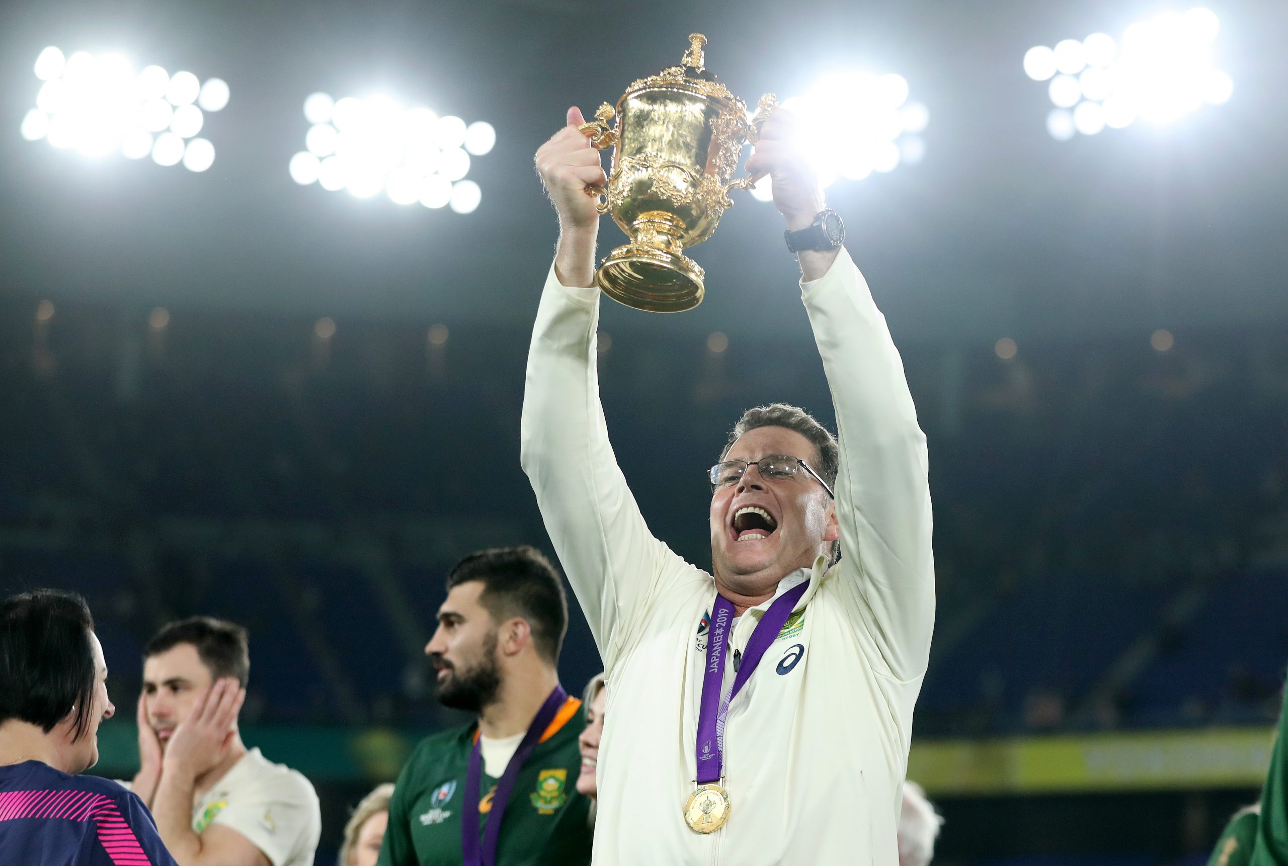 Rassie Erasmus celebrates victory in the 2019 Rugby World Cup.