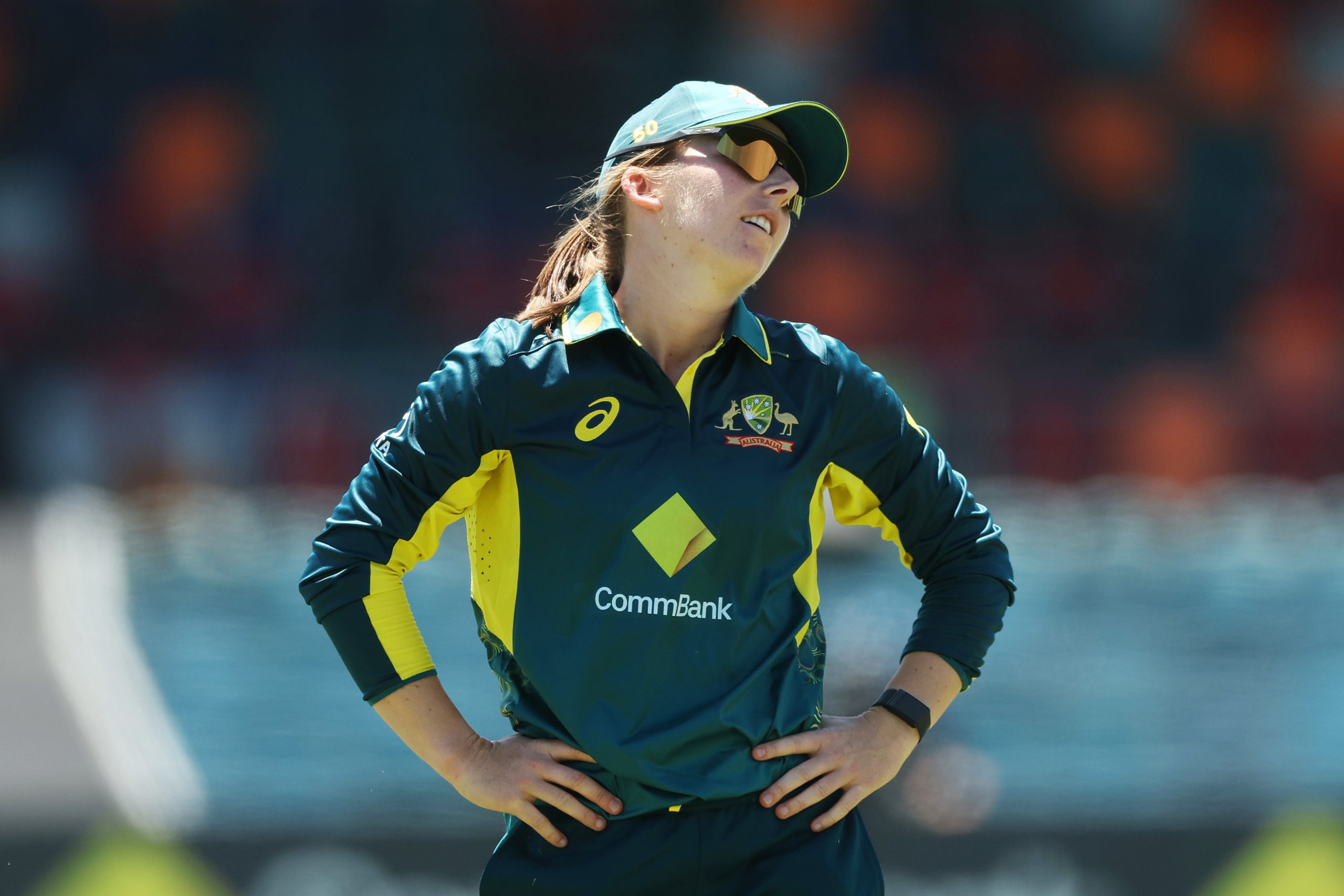 Georgia Wareham of Australia reacts after an attempted catch during game two of the Women's T20 International series between Australia and South Africa at Manuka Oval on January 28, 2024 in Canberra, Australia. (Photo by Mark Metcalfe/Getty Images)