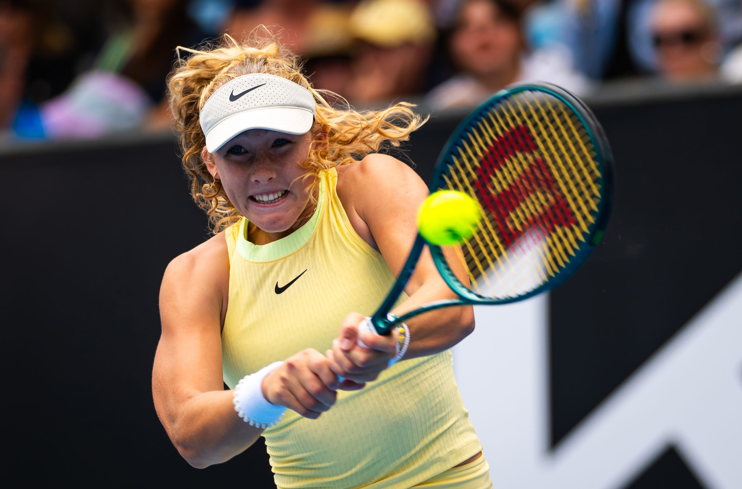 Mirra Andreeva in action against Diane Parry of France in the women's singles third round match on Day 6 of the 2024 Australian Open at Melbourne Park on January 19, 2024 in Melbourne, Australia. (Photo by Robert Prange/Getty Images)
