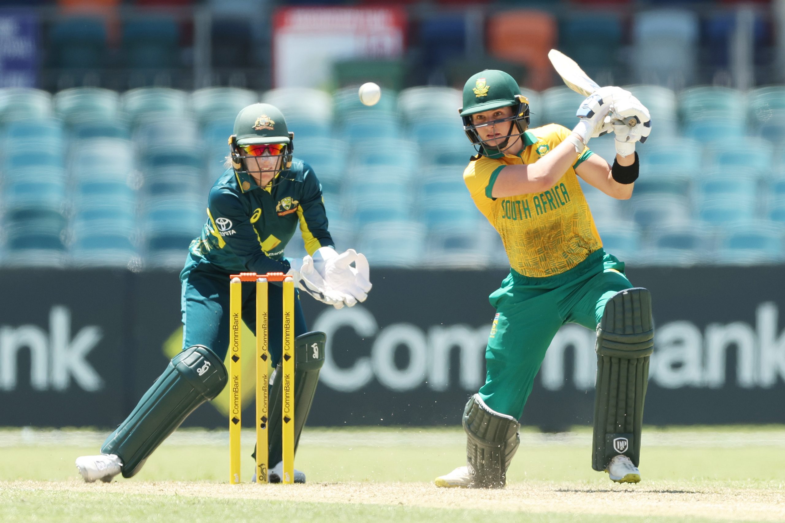 Laura Wolvaardt of South Africa bats during game two of the Women's T20 International series between Australia and South Africa at Manuka Oval on January 28, 2024 in Canberra, Australia. (Photo by Mark Metcalfe/Getty Images)