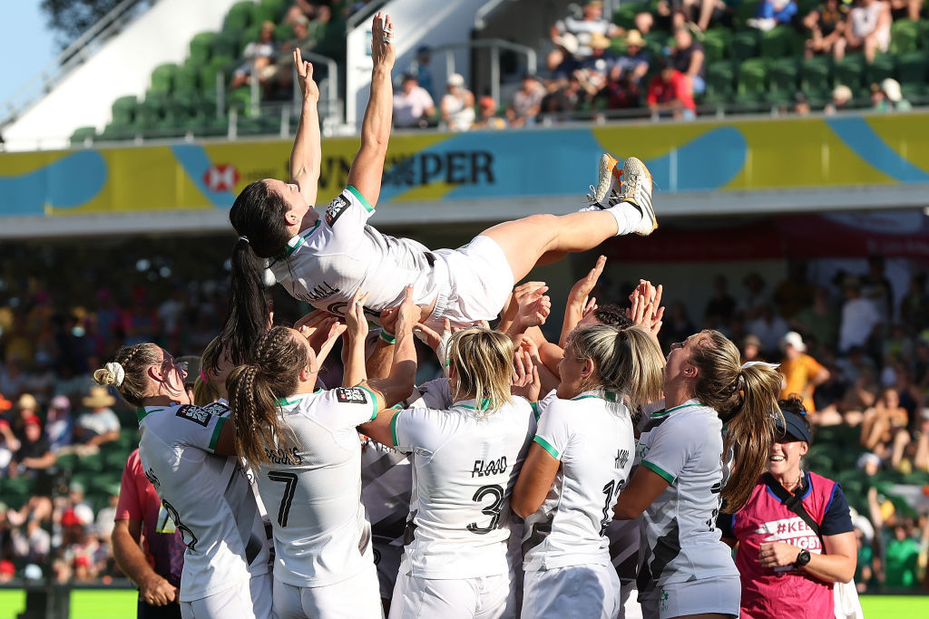 Lucy Mulhall of Ireland is thrown into the air.