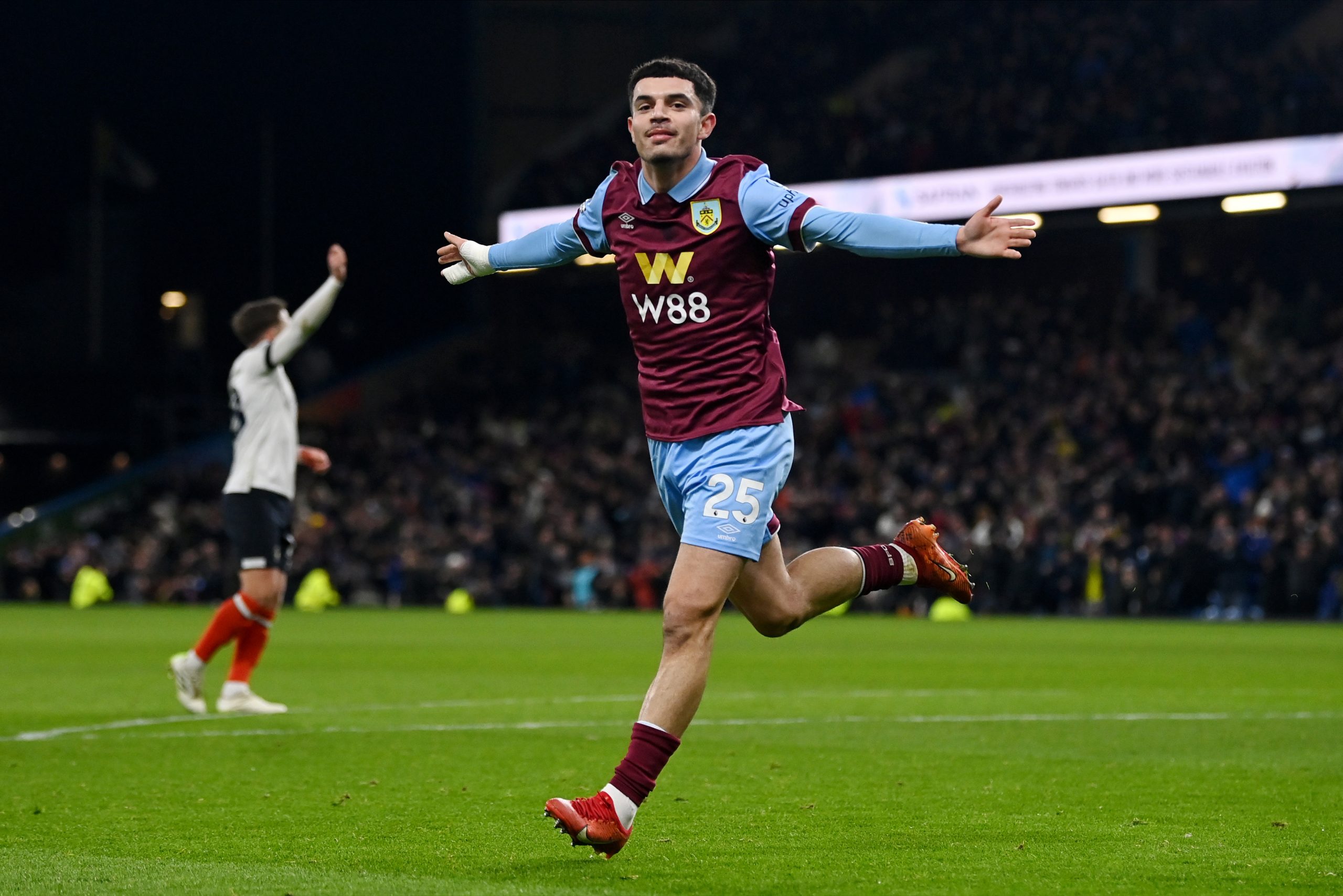 Zeki Amdouni of Burnley celebrates scoring his team's first goal during the Premier League match between Burnley FC and Luton Town at Turf Moor on January 12, 2024 in Burnley, England. (Photo by Gareth Copley/Getty Images)
