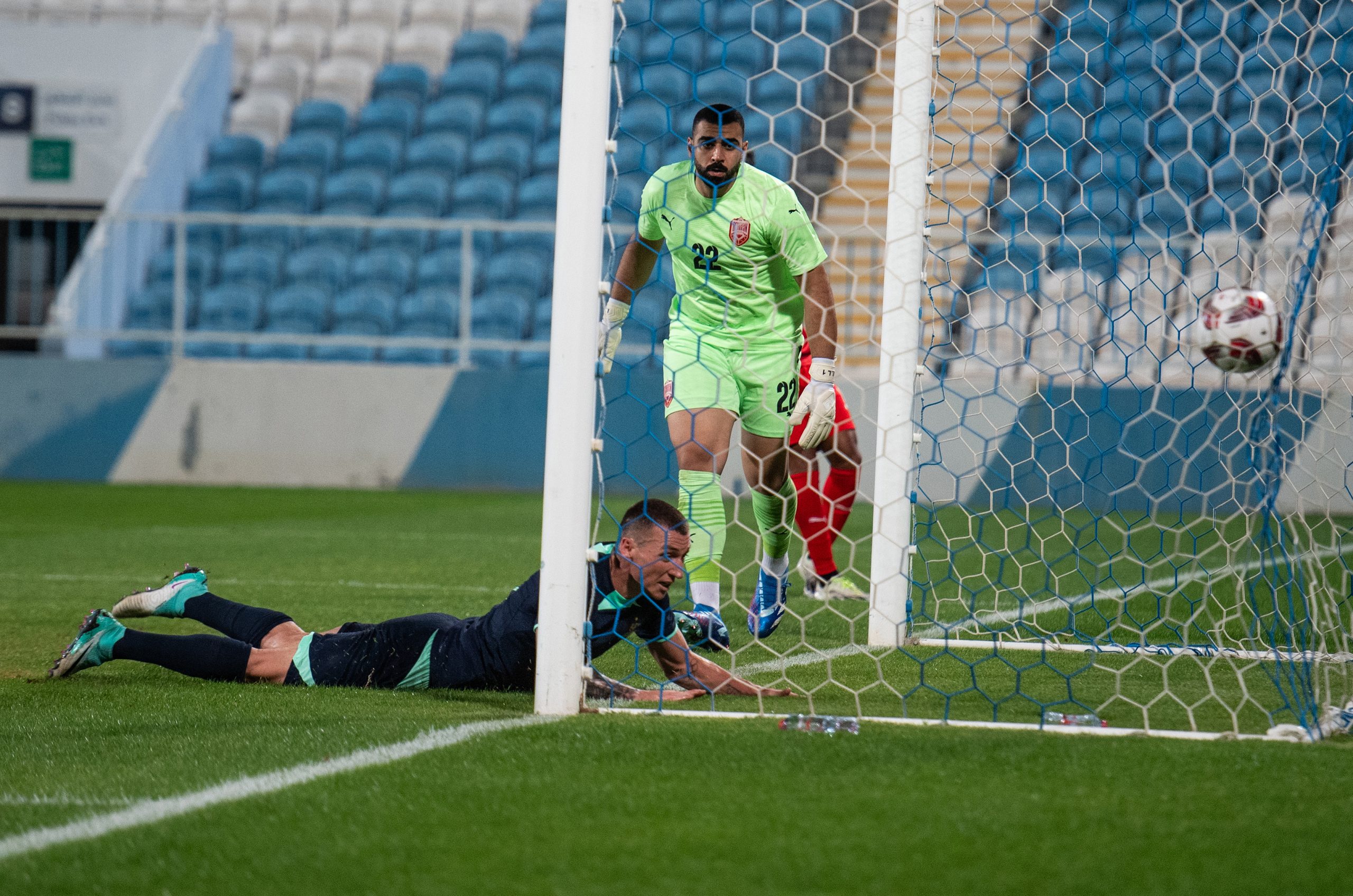 Australia's Mitchell Thomas Duke scores a goal in the international friendly against Bahrain on January 6, 2024 in Abu Dhabi, United Arab Emirates. (Photo by Martin Dokoupil/Getty Images)