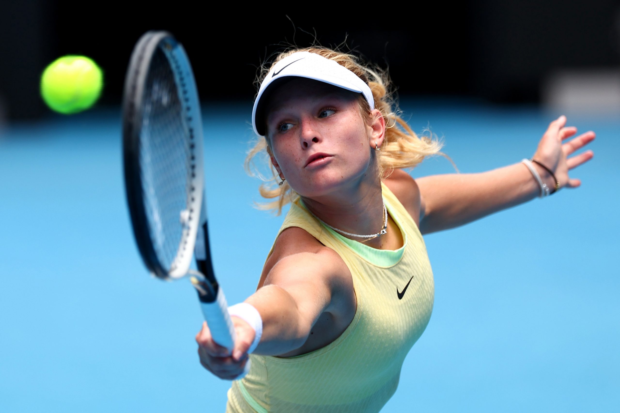 Emerson Jones plays a backhand in her junior girls' singles final against Renata Jamrichova at the Australian Open.