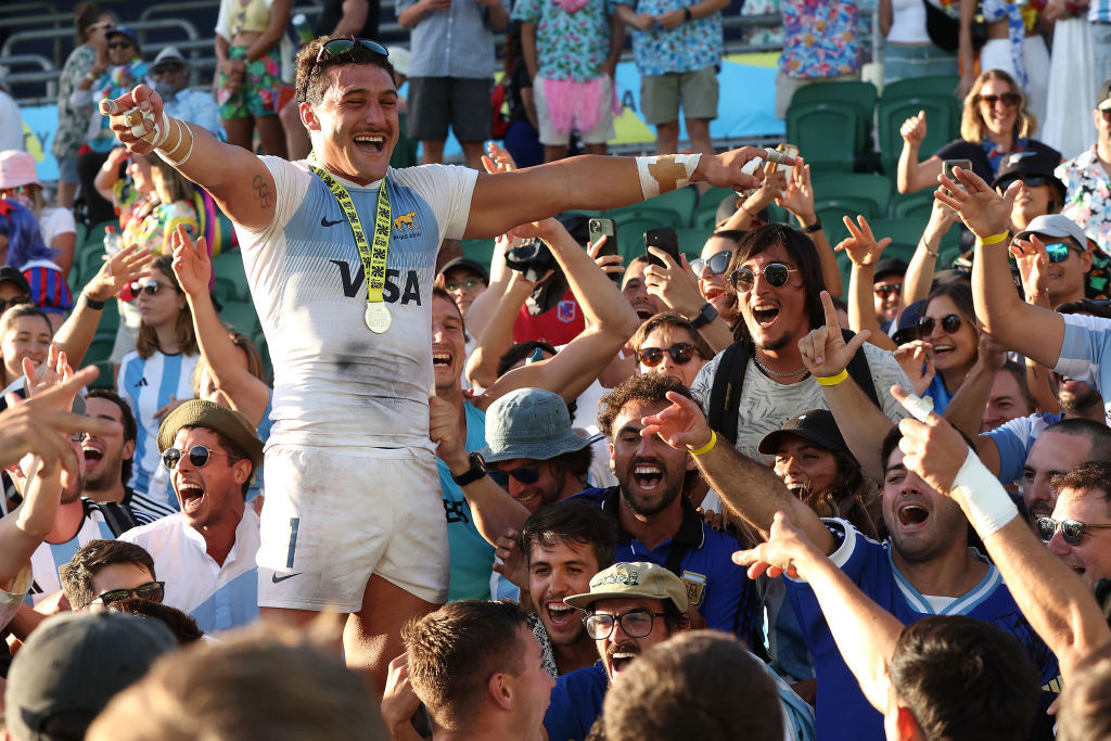 Rodrigo Isgro of Argentina celebrates with supporters after winning the 2024 Perth SVNS.