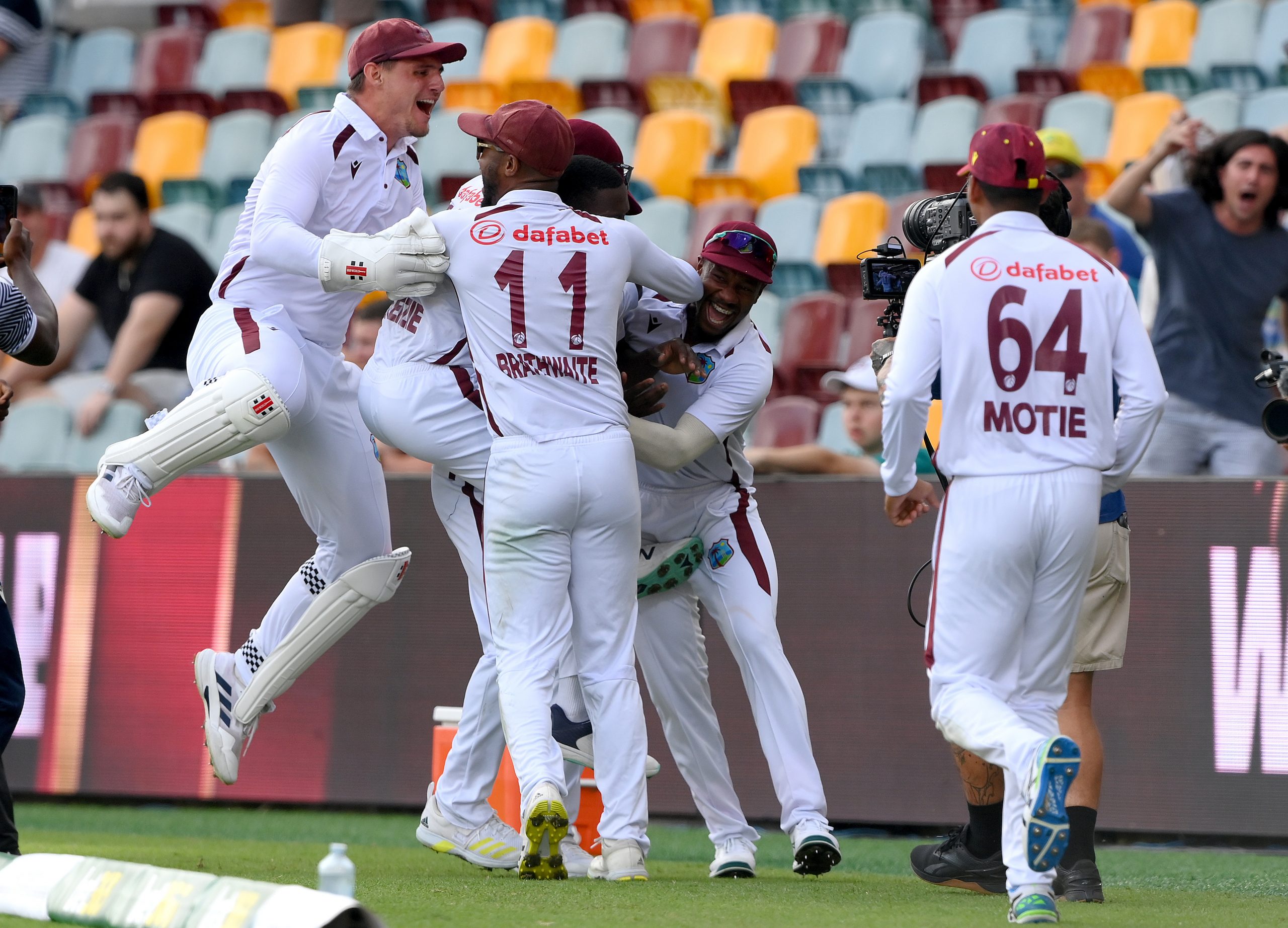 BRISBANE, AUSTRALIA - JANUARY 28: Shamar Joseph of the West Indies celebrates victory after taking the wicket of Josh Hazlewood of Australia during day four of the Second Test match in the series between Australia and West Indies at The Gabba on January 28, 2024 in Brisbane, Australia. (Photo by Bradley Kanaris/Getty Images)