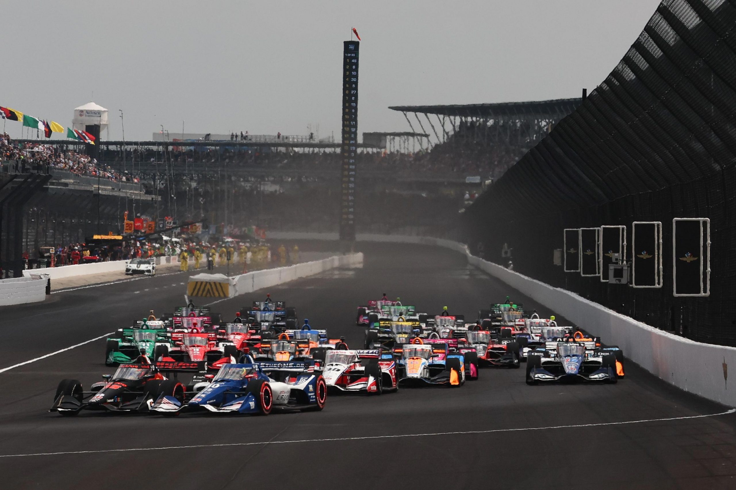 The start of the first IndyCar Series race at the Indianapolis Motor Speedway road course.