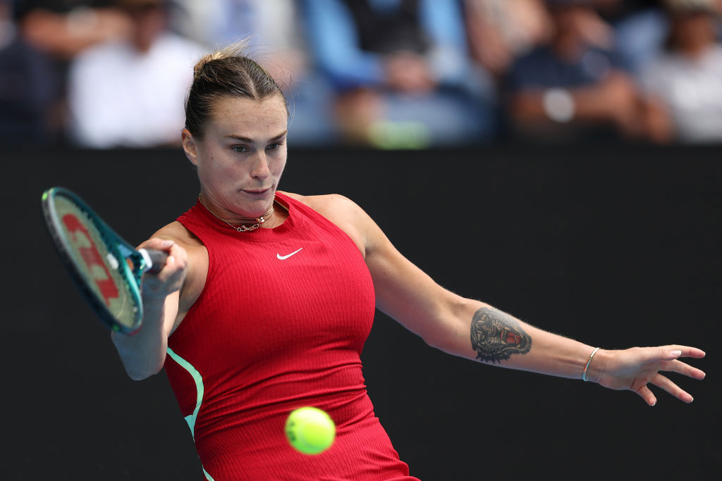 Aryna Sabalenka plays a forehand against Lesia Tsurenko.