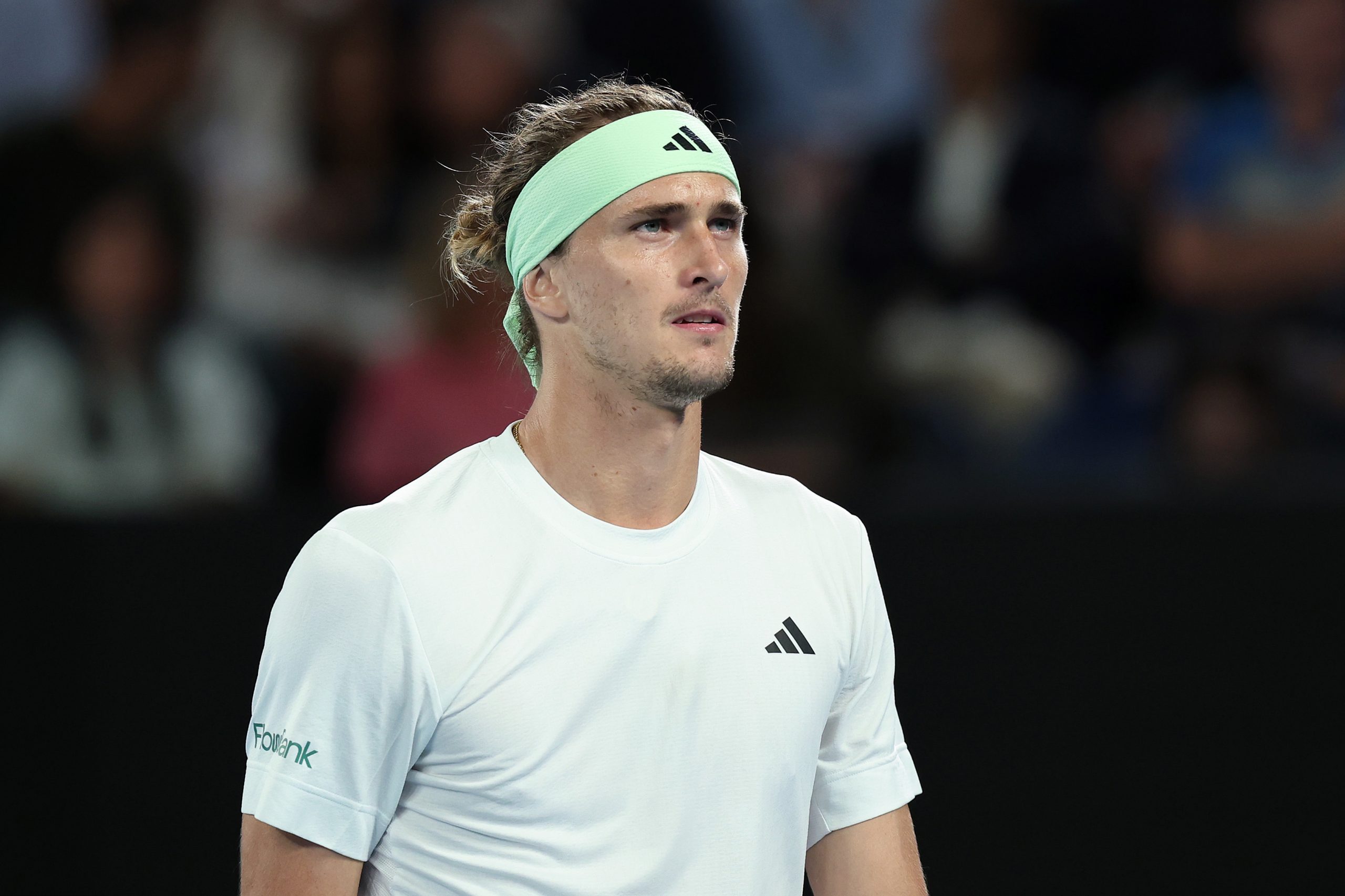 Alexander Zverev of Germany looks on during his quarter-finals singles match against Carlos Alcaraz of Spain.